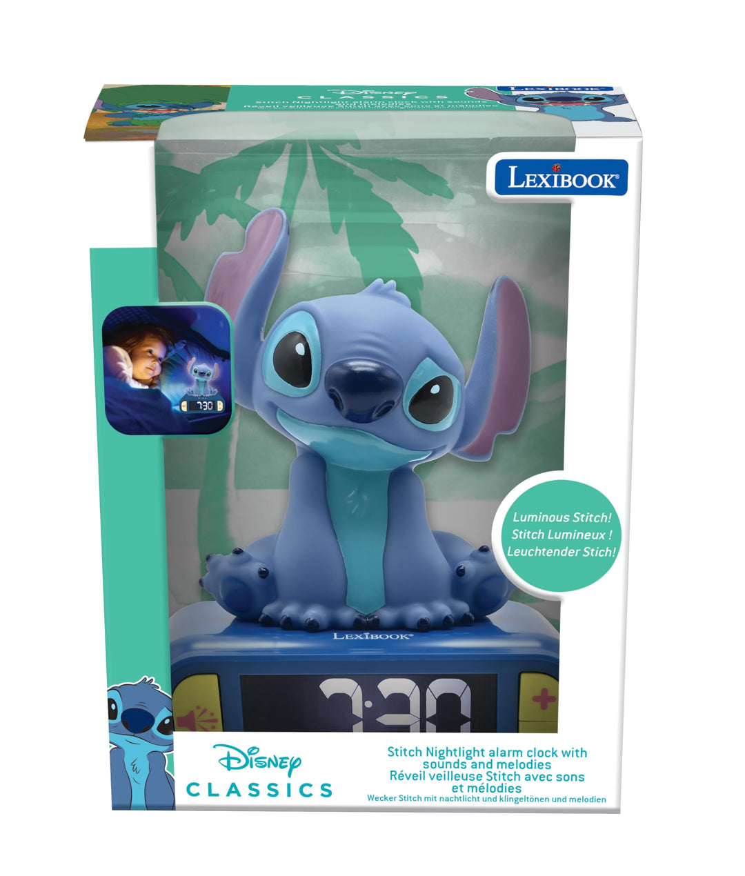 Lexibook Disney Stitch Nightlight Alarm Clock with Sounds and LCD Backlit Screen - Blue