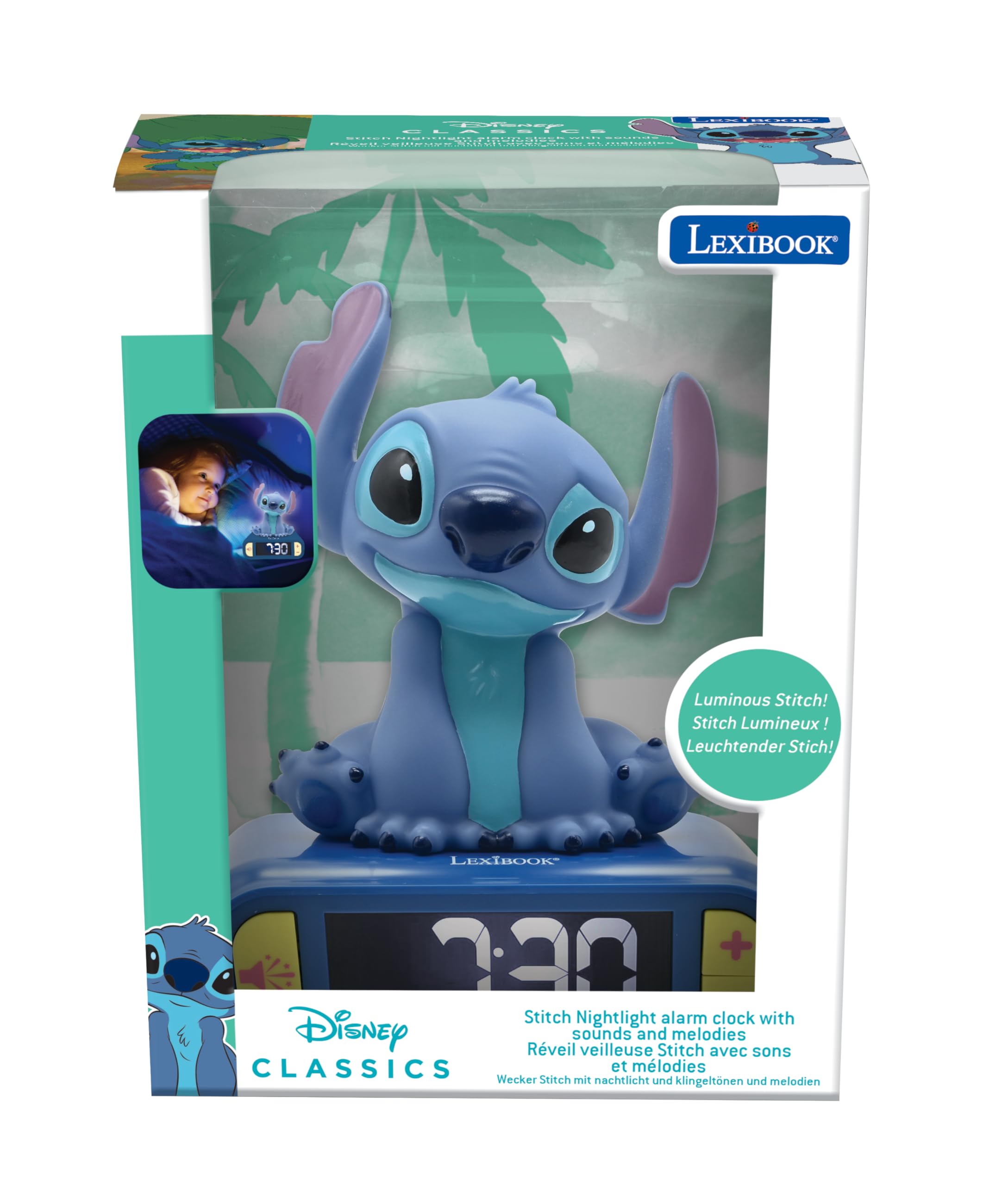 Lexibook Disney Stitch Nightlight Alarm Clock with Sounds and LCD Backlit Screen - Blue 6