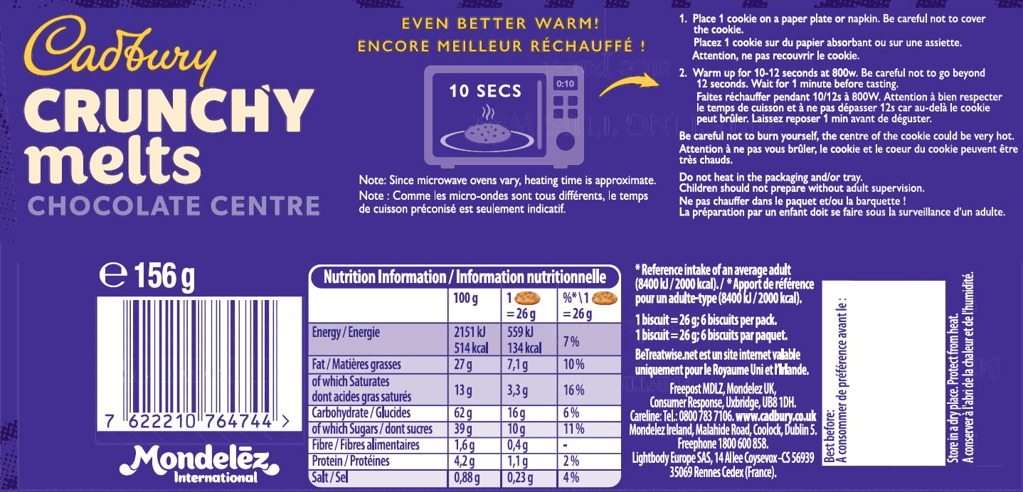 Cadbury Crunchy Melts Chocolate Chip Cookies - Soft Melting Centre | 156g Pack 2