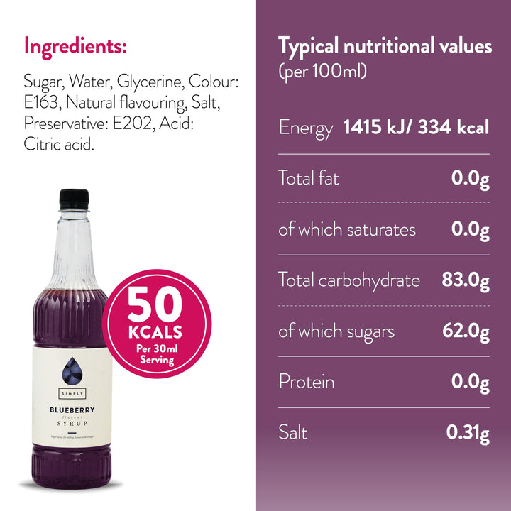 Simply - Blueberry Syrup Vegan & Nut Free Flavoured Syrup for Coffee, Cocktails & Beverages
