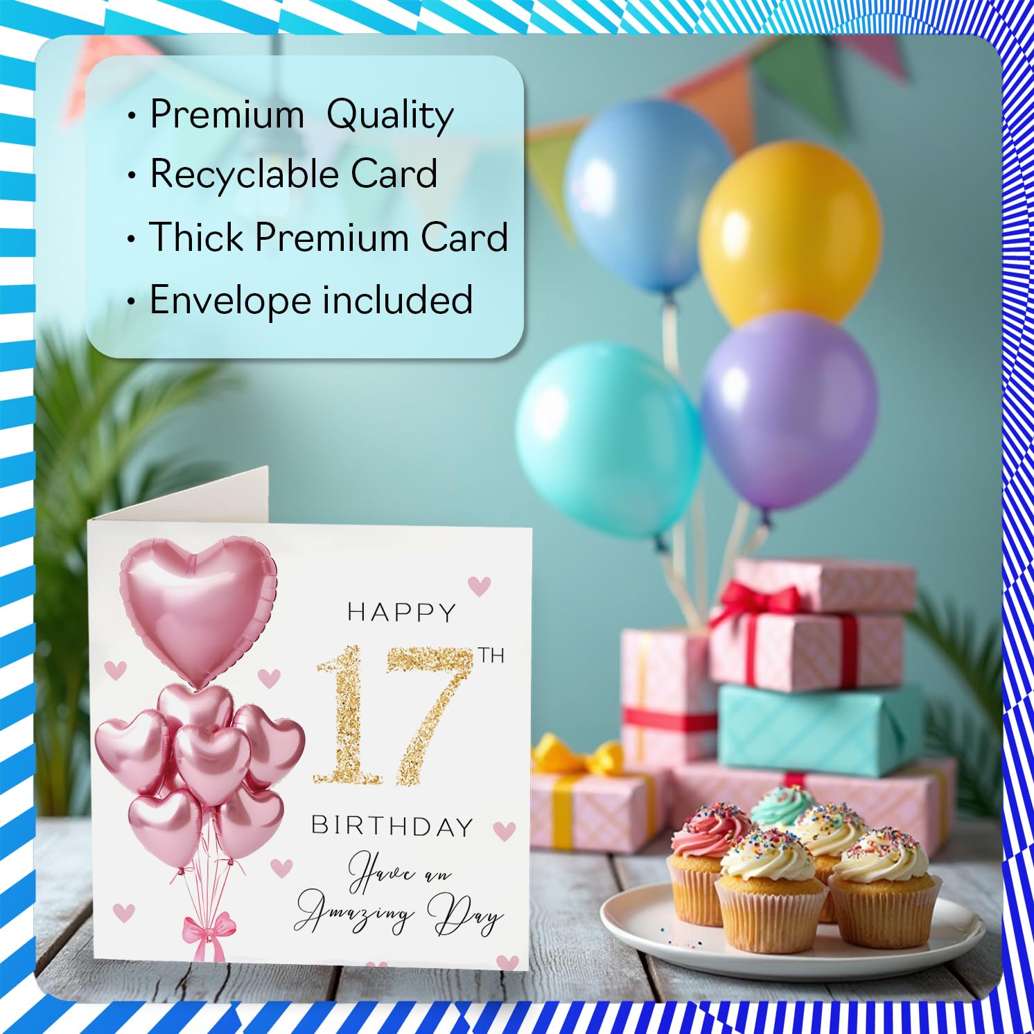 Stuff4 17th Birthday Card for Girls - Pink Glitter Balloons Design | 145mm Square | Blank Inside 3