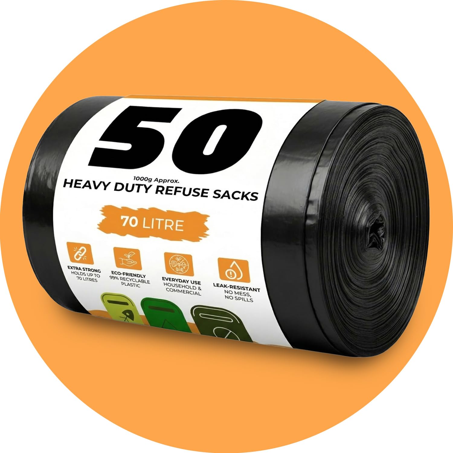 Roe Tenpo Heavy Duty Bin Liners - 50 Pack, 70L Capacity, 30 Micron Thick Plastic