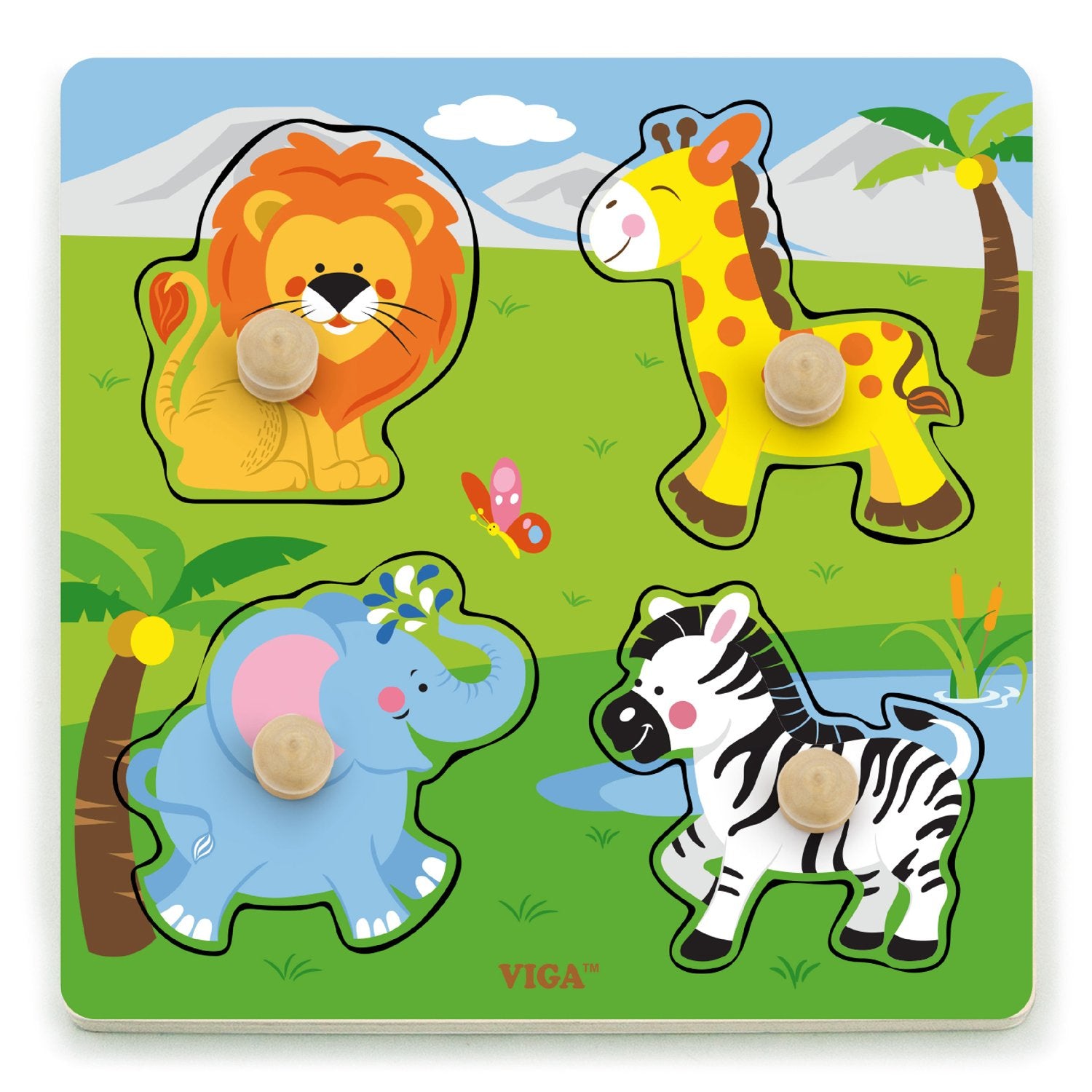 VIGA Wild Animals Big Wooden Knob Puzzle - 5 Pieces | Ages 12 Months+