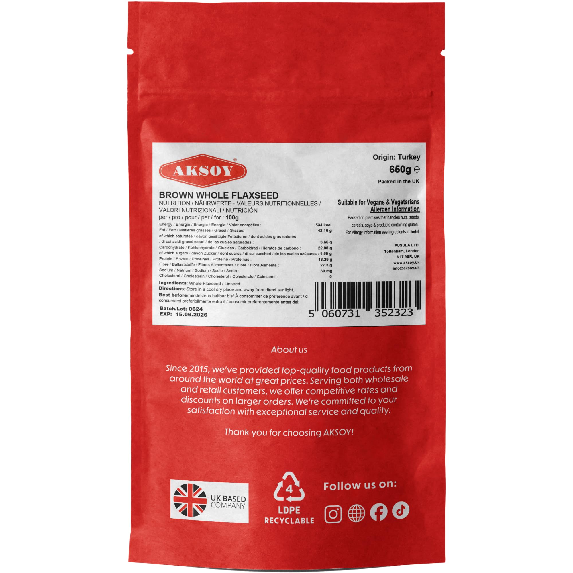 AKSOY Brown Whole Flaxseed (Linseed) - Rich in Omega-3 & Lignans | 650g
