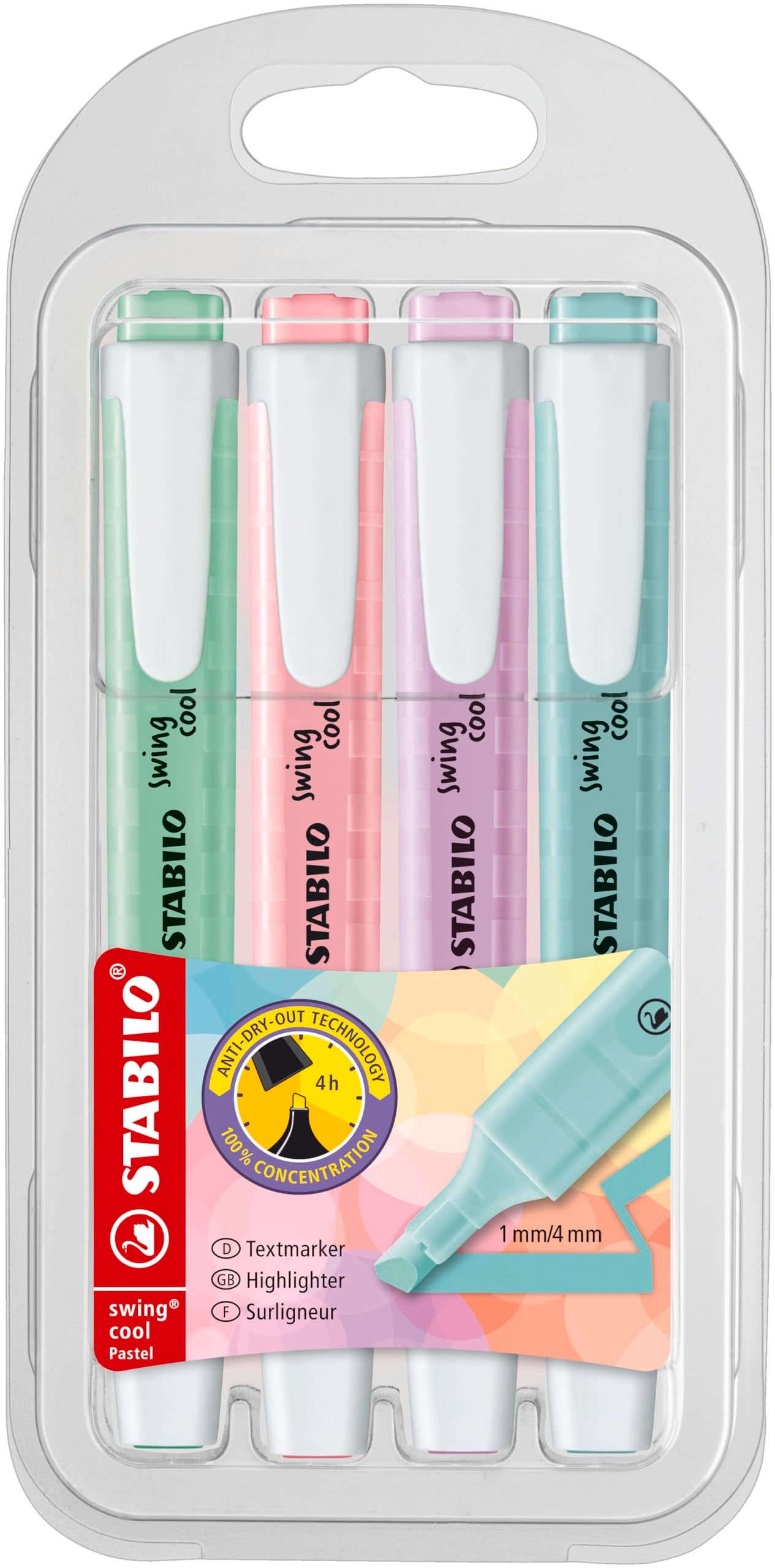STABILO swing cool Pastel Highlighter - Wallet of 4 Assorted Colours | 4 Hour Cap-Off Time | Chisel Tip 4