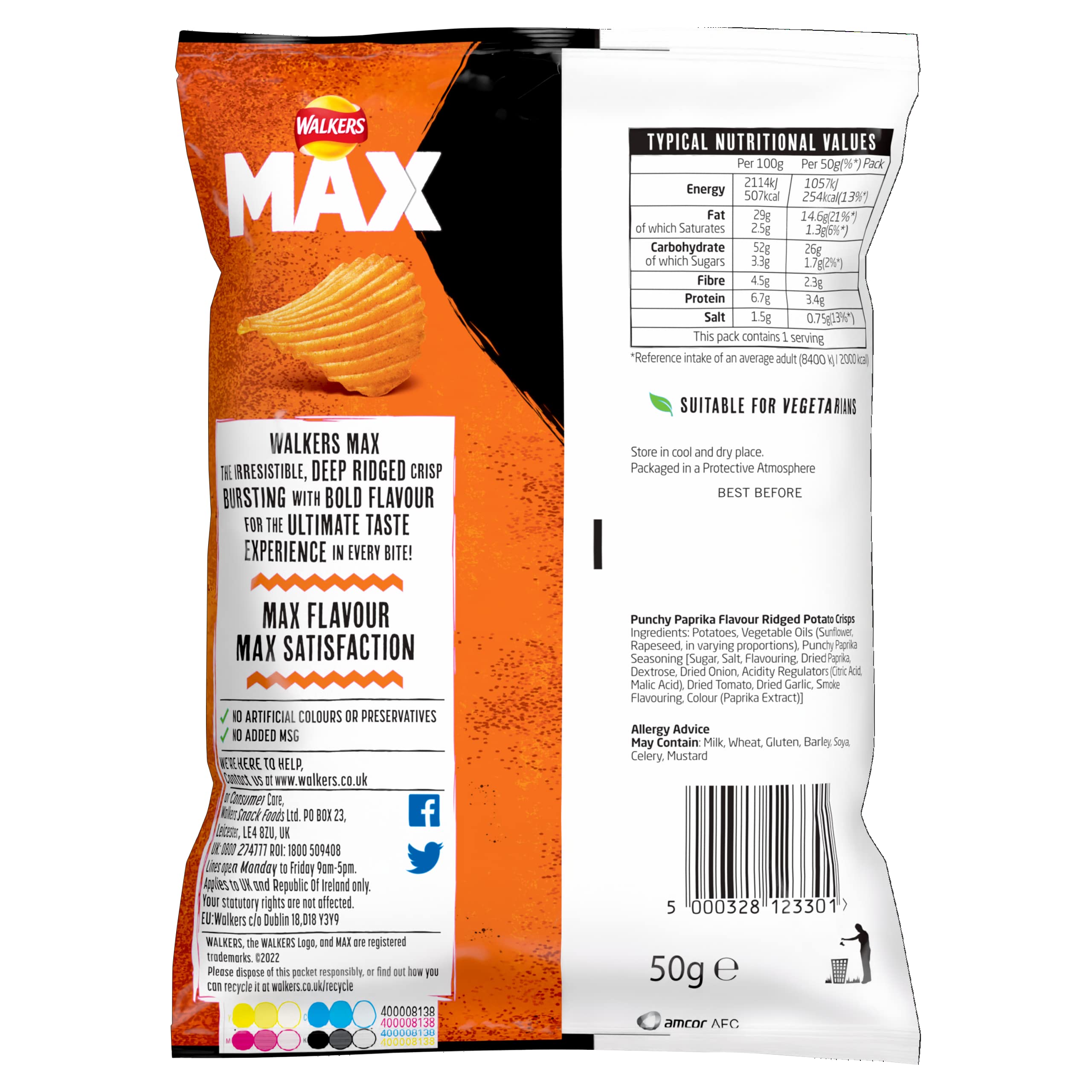 Walkers Max Punchy Paprika Flavour Ridges Crisps 50g 8