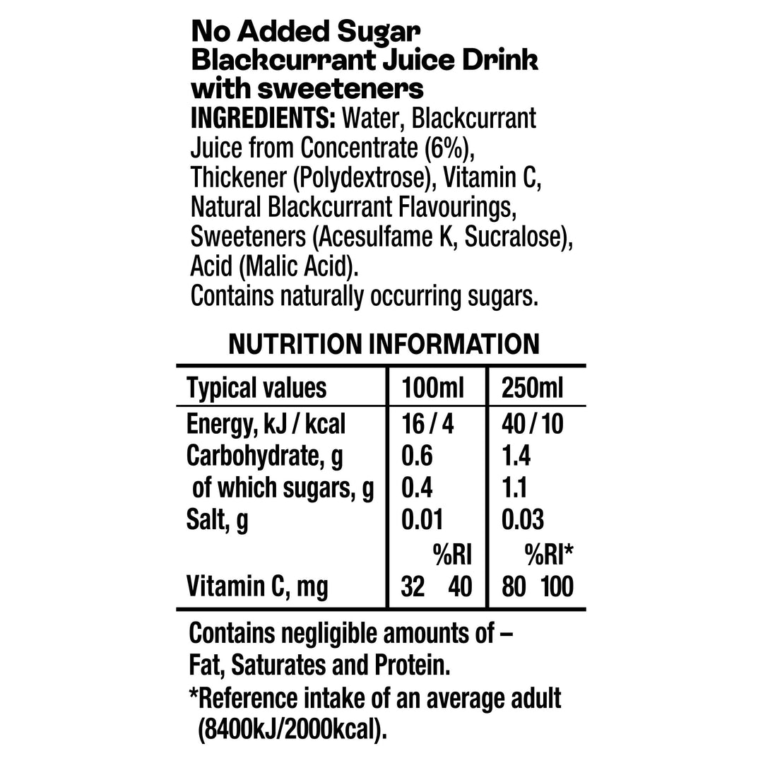 Ribena - Blackcurrant Juice Drink 250ml No Added Sugar Multipack of 6