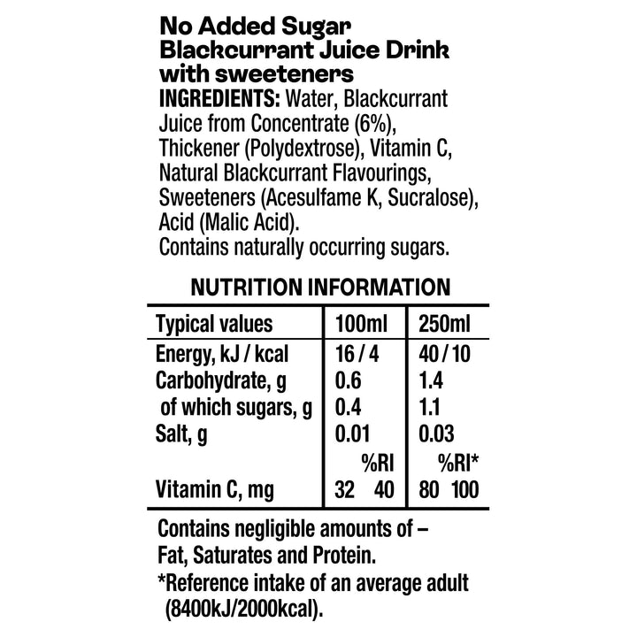 Ribena - Blackcurrant Juice Drink 250ml No Added Sugar Multipack of 6