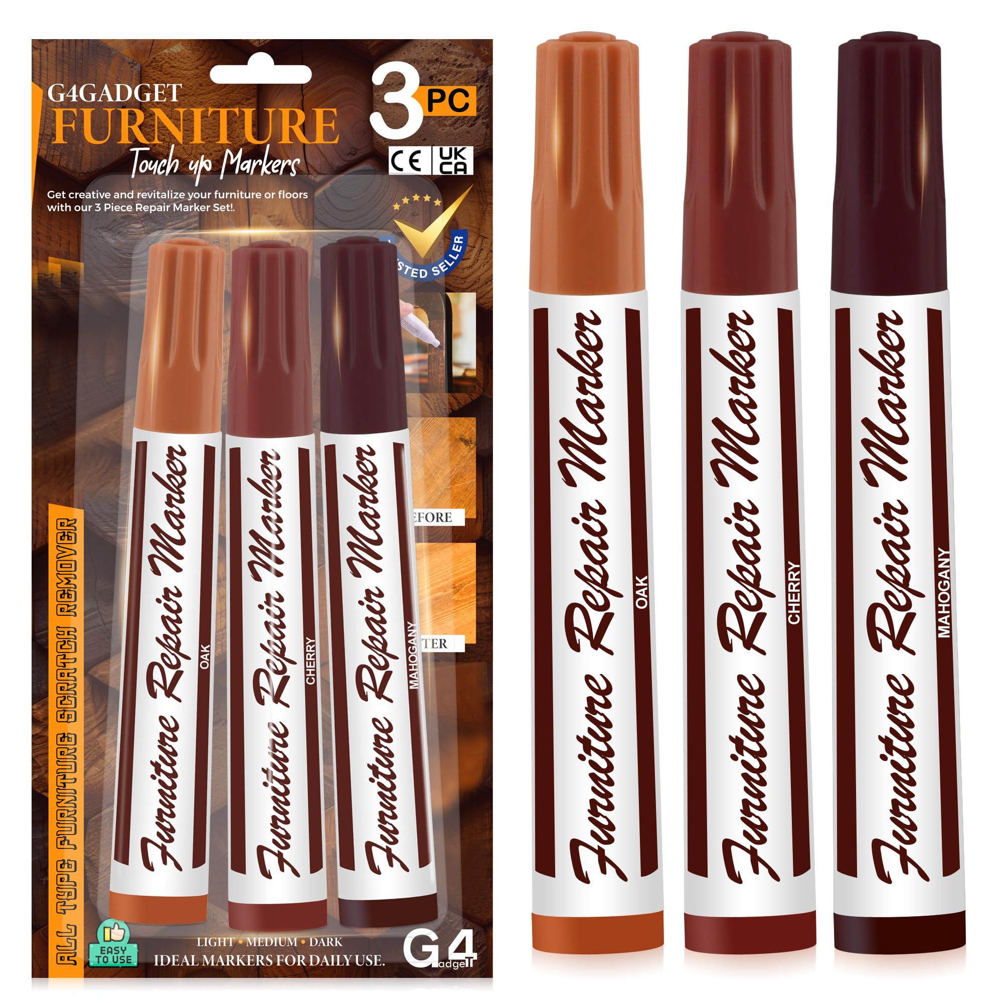 G4GADGET Furniture Touch-Up Markers - 3 Pack Wood Repair Pens for Scratches | Quick-Drying Ink 1