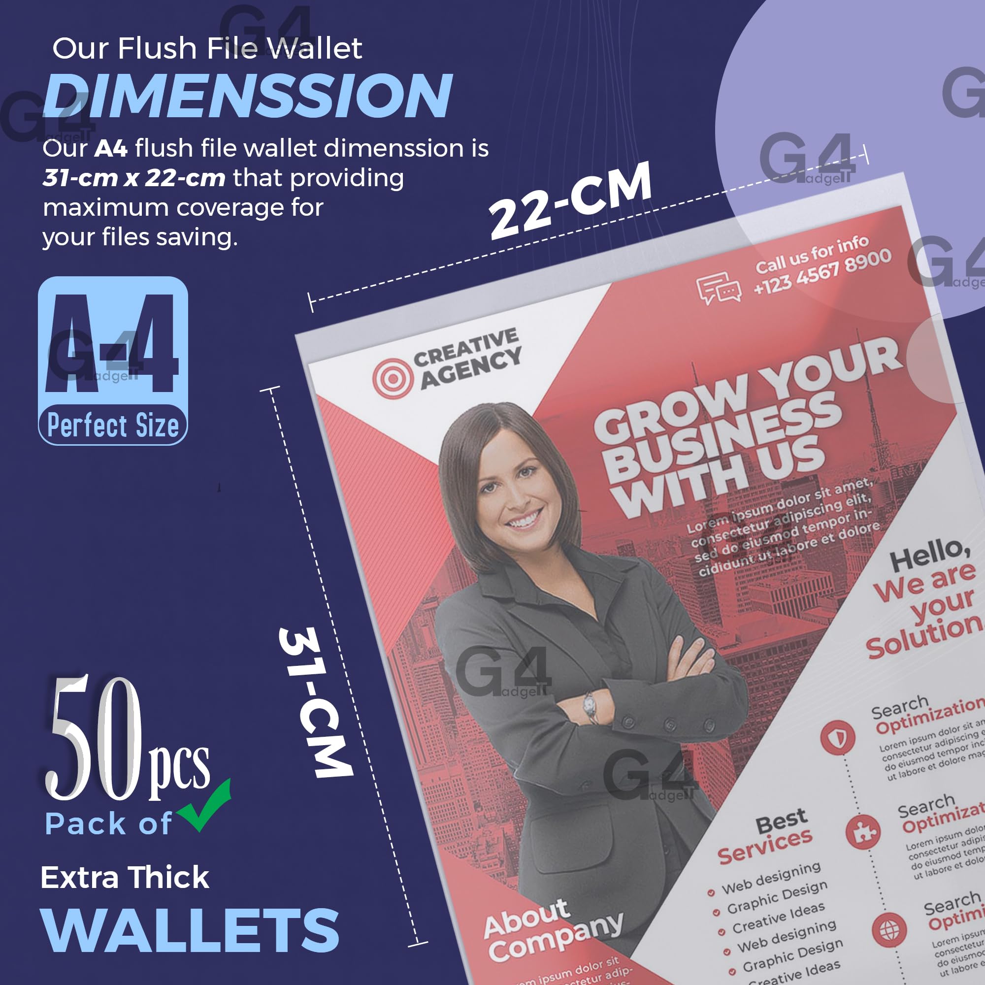 G4GADGET Pack of 50 A4 Clear Plastic Flush File Folders | Open Top & Side Cut | 100 Micron PP 2