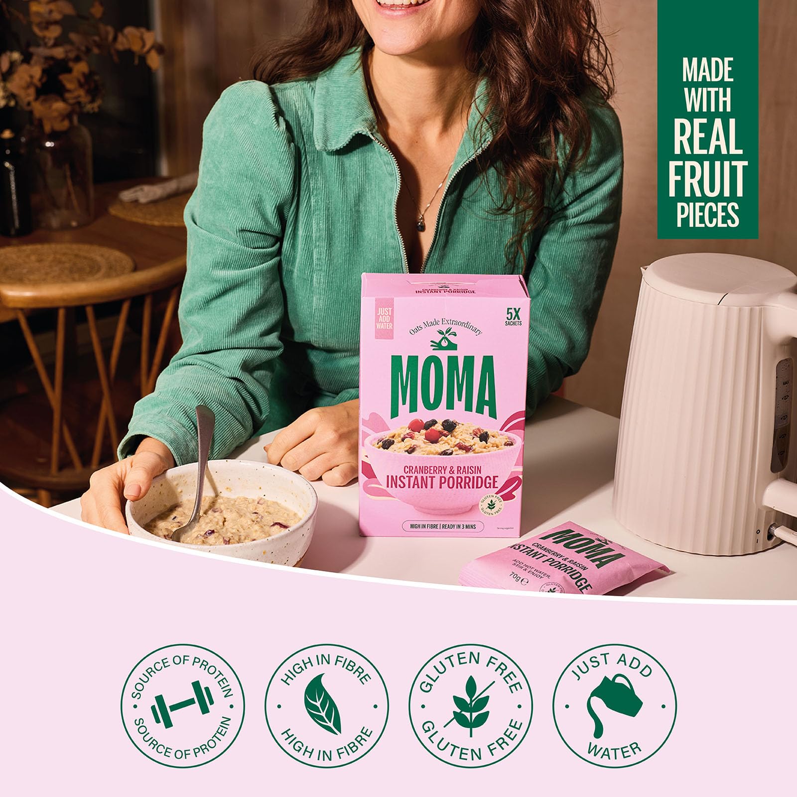 MOMA Porridge Sachets Cranberry & Raisin - Box of 5 x 70g - Gluten Free, High Fibre, Source of Protein 14
