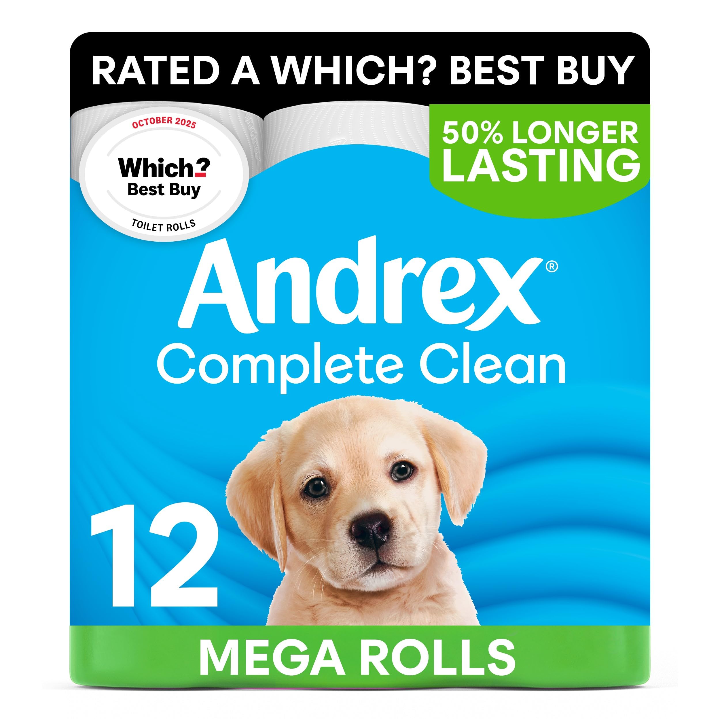 Andrex Complete Clean Toilet Tissues - 12 Mega Rolls (Equals 18 Standard Rolls) | Unscented | Embossed