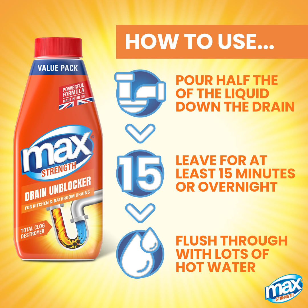Max - Strength Drain Unblocker 1L Heavy Duty Liquid for Sink, Toilet & Shower