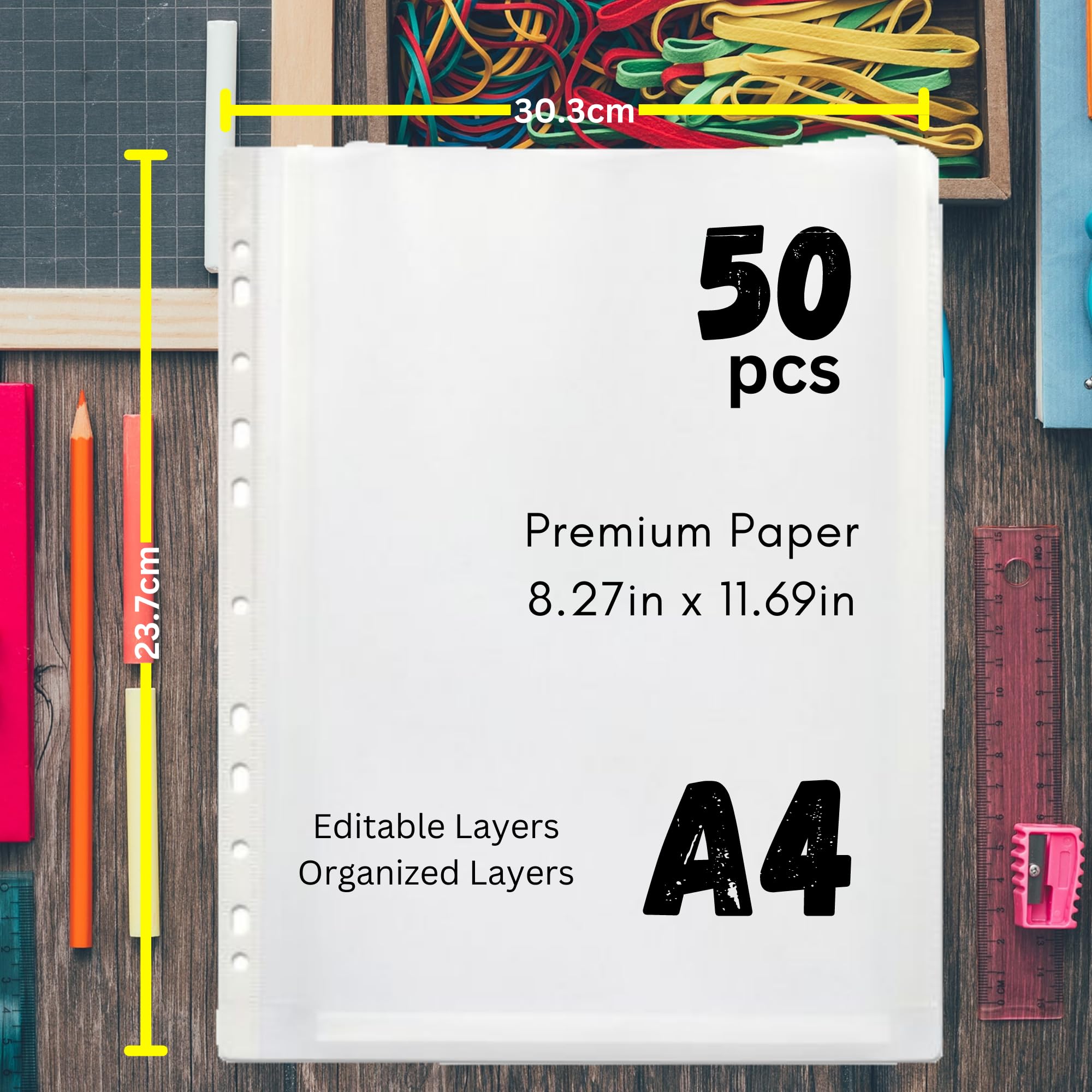 G4GADGET A4 Punched Pockets - 50 Pack, 30 Micron Polypropylene, Clear Frost Finish