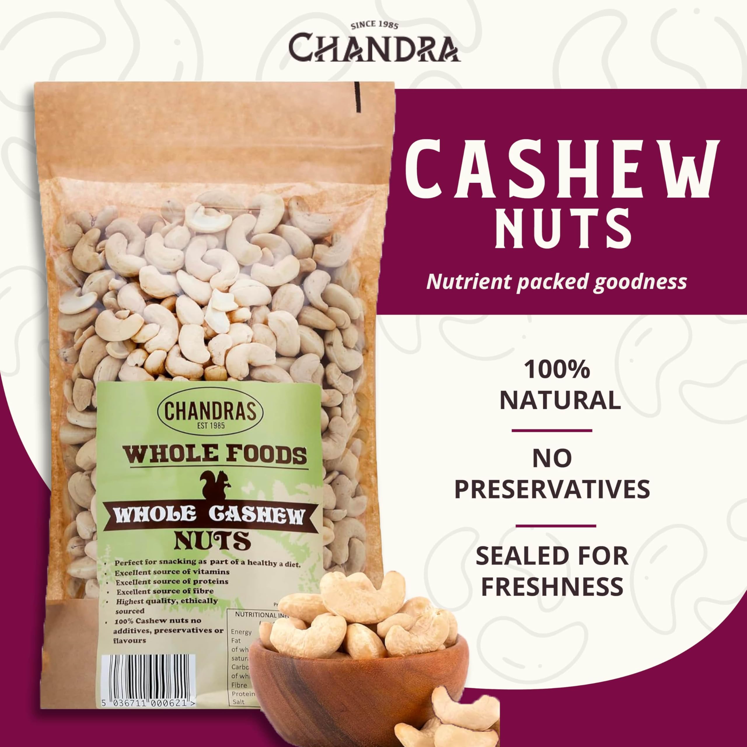 CHANDRA Whole Foods Raw Deshelled Whole Cashew Nuts - 1KG | Low-GI | Vegan & Gluten-Free 2