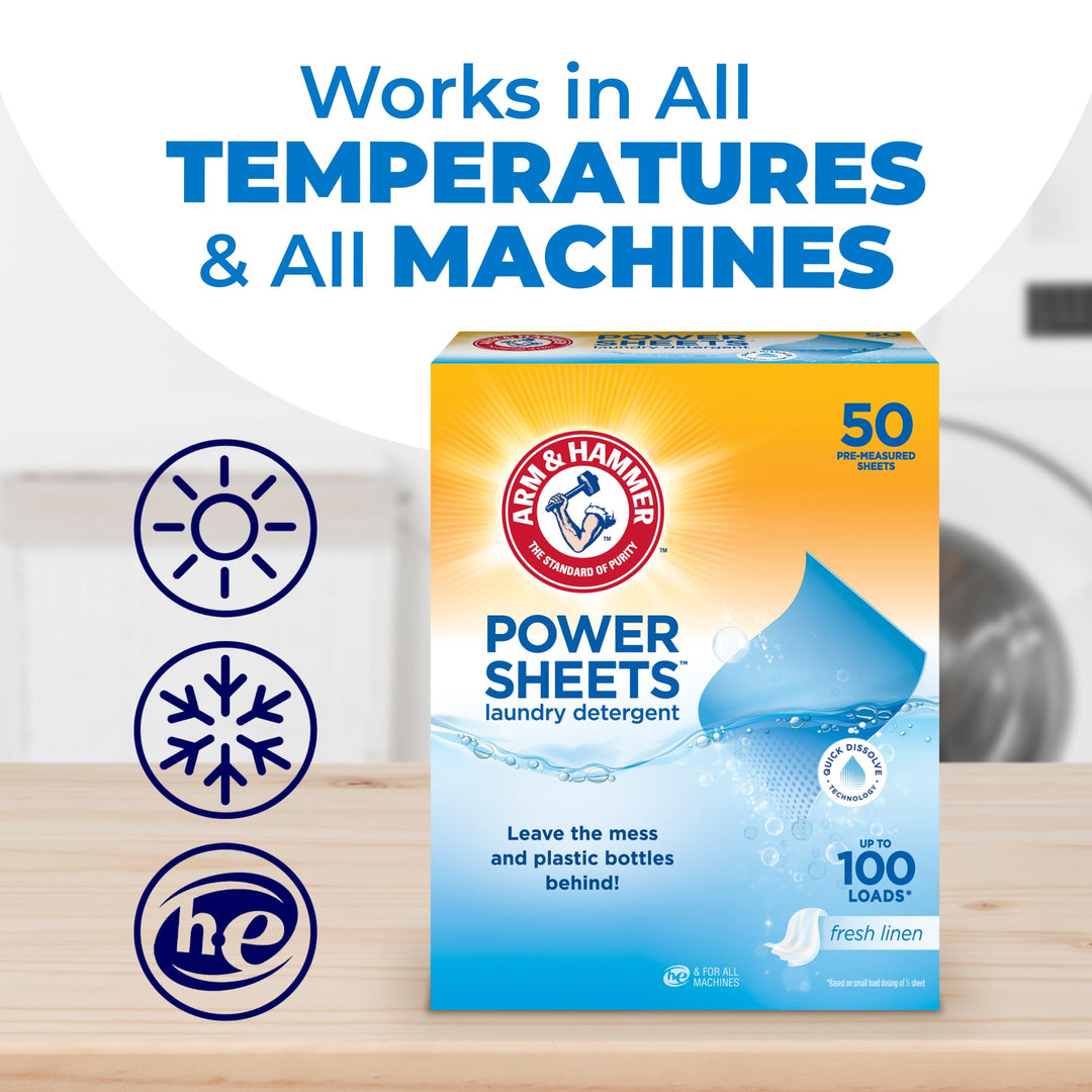Arm & Hammer Power Sheets Laundry Detergent - Fresh Linen Scent, 50 Count