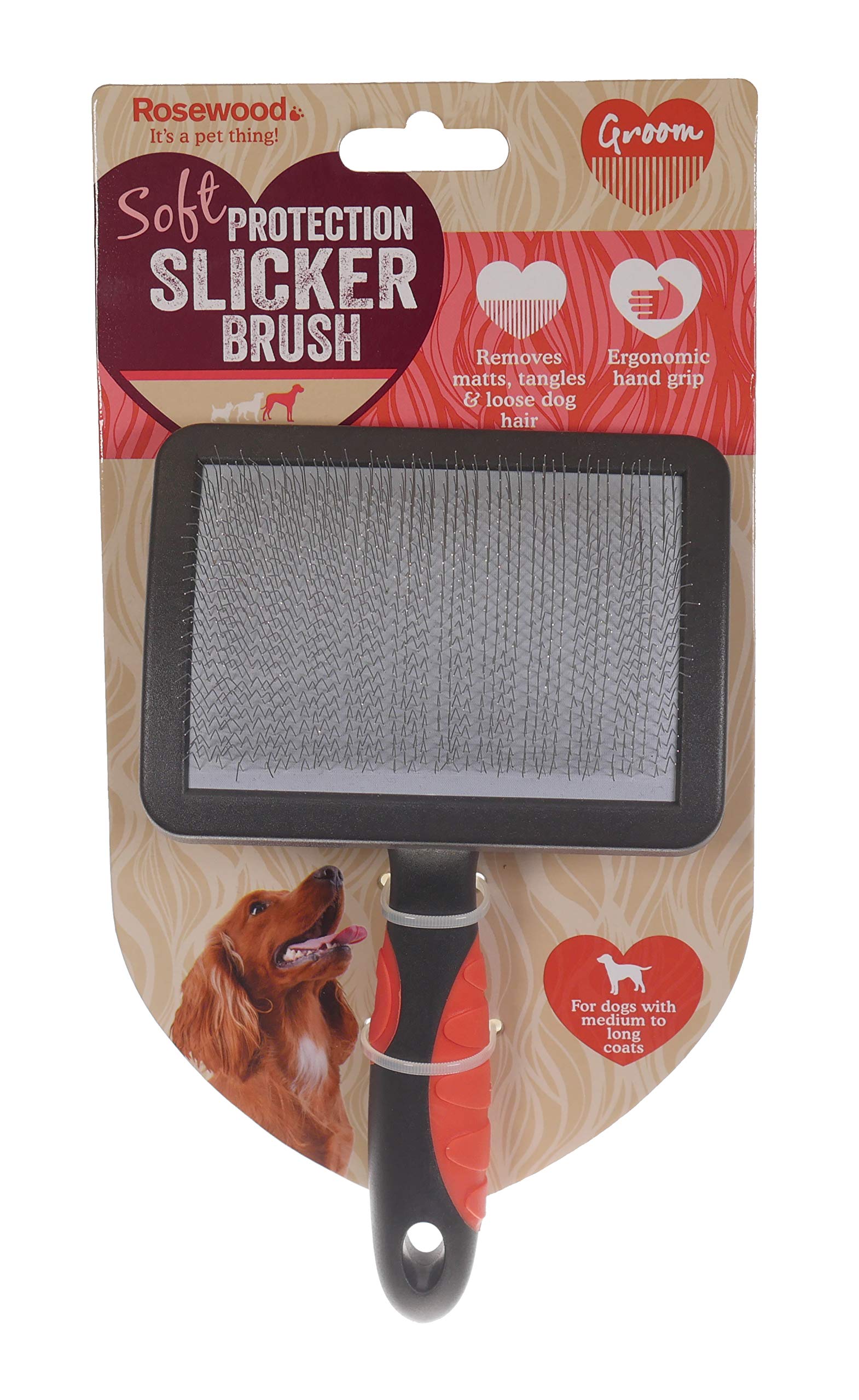 Rosewood Soft Protection Slicker Brush Large for Long Fur Dogs | De-Matting Tool | Ergonomic Grip