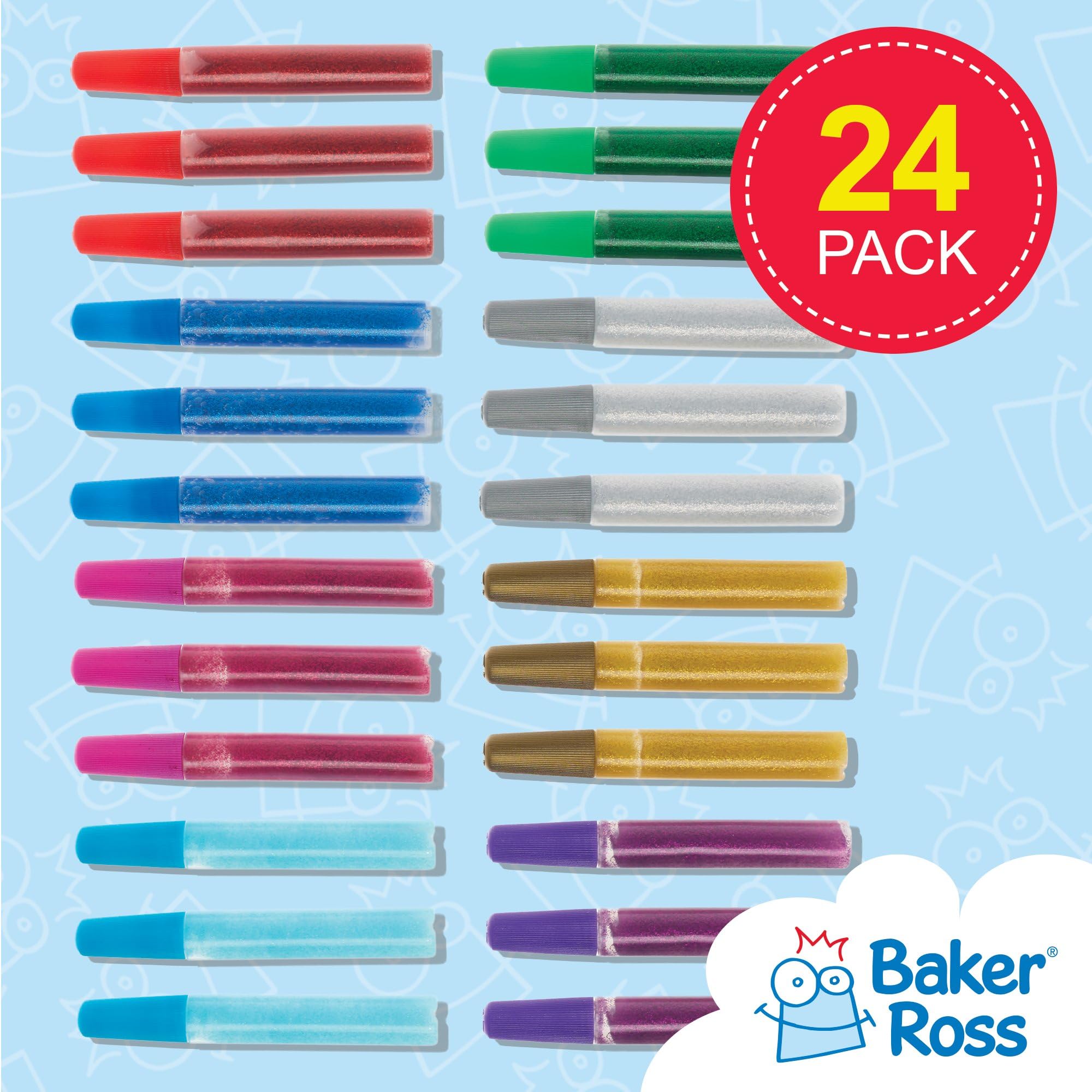 Baker Ross Glitter Glue Pens - 24 Pack Assorted Colours for Kids Arts & Crafts | 10ml Tubes 2