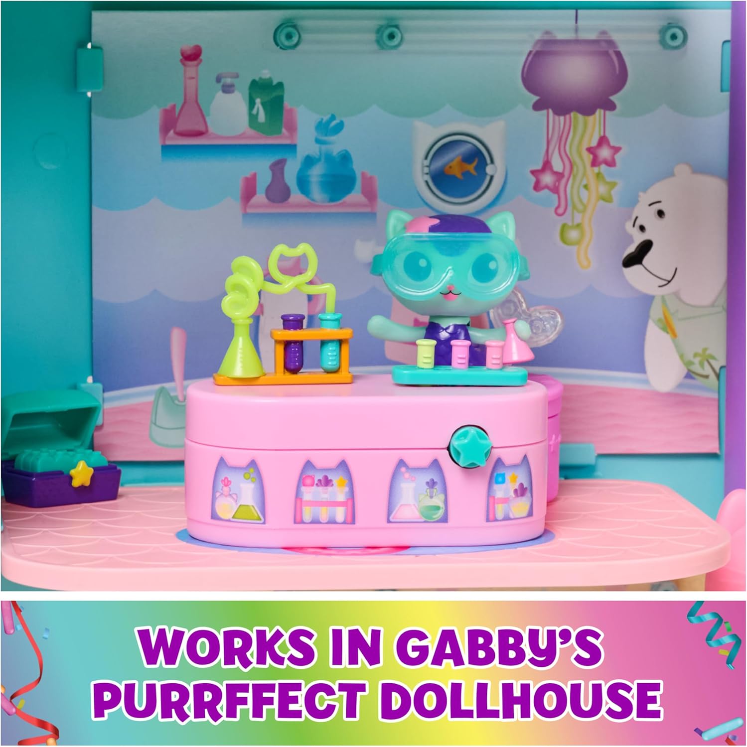 Gabby's Dollhouse MerCat Bobble Figure with Lab Table & Surprise Goggles - 5-Piece Playset 6