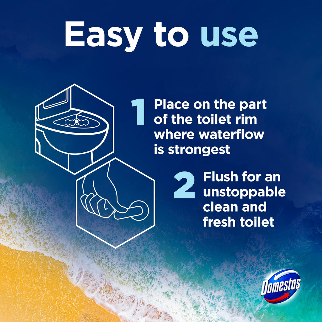 Domestos Power 5 Ocean Toilet Rim Blocks 2x 50 g - Long-Lasting Toilet Freshener with 5 Benefits
