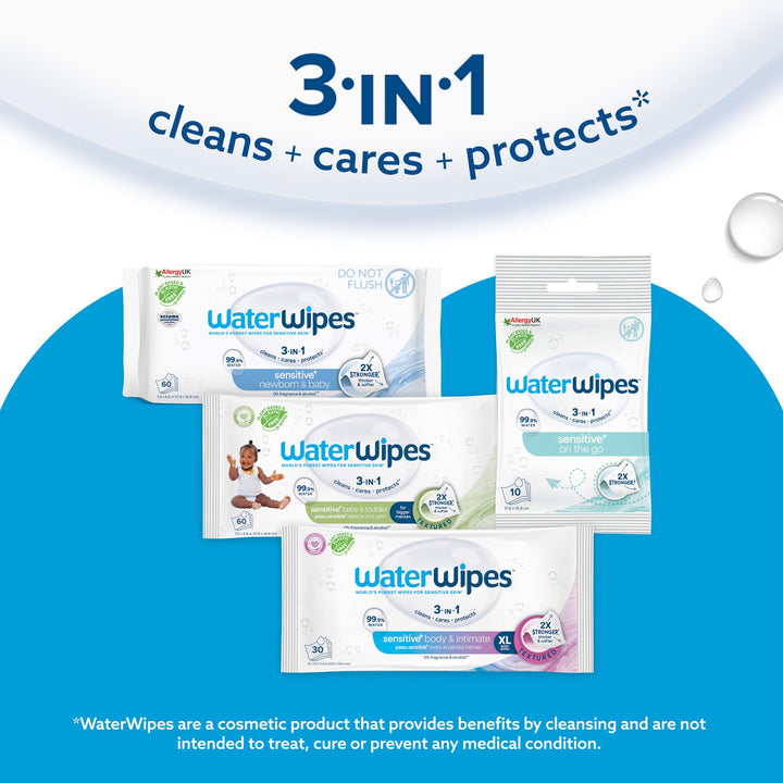 WaterWipes Sensitive+ Body & Intimate Wipes, 90 Wipes (3 Packs) - 3-in-1 Cleansing, Plastic-Free*, Plant-Based Wipes