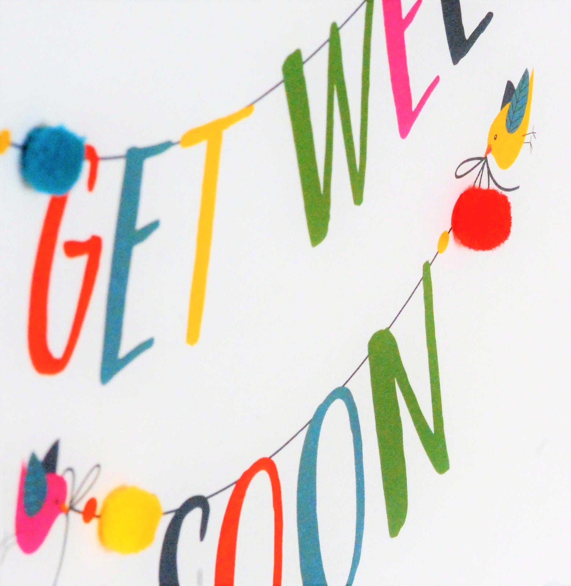 Claire Giles Greeting Cards Get Well Soon Card with Colourful Pompoms | 150x150mm | Blank Inside 5