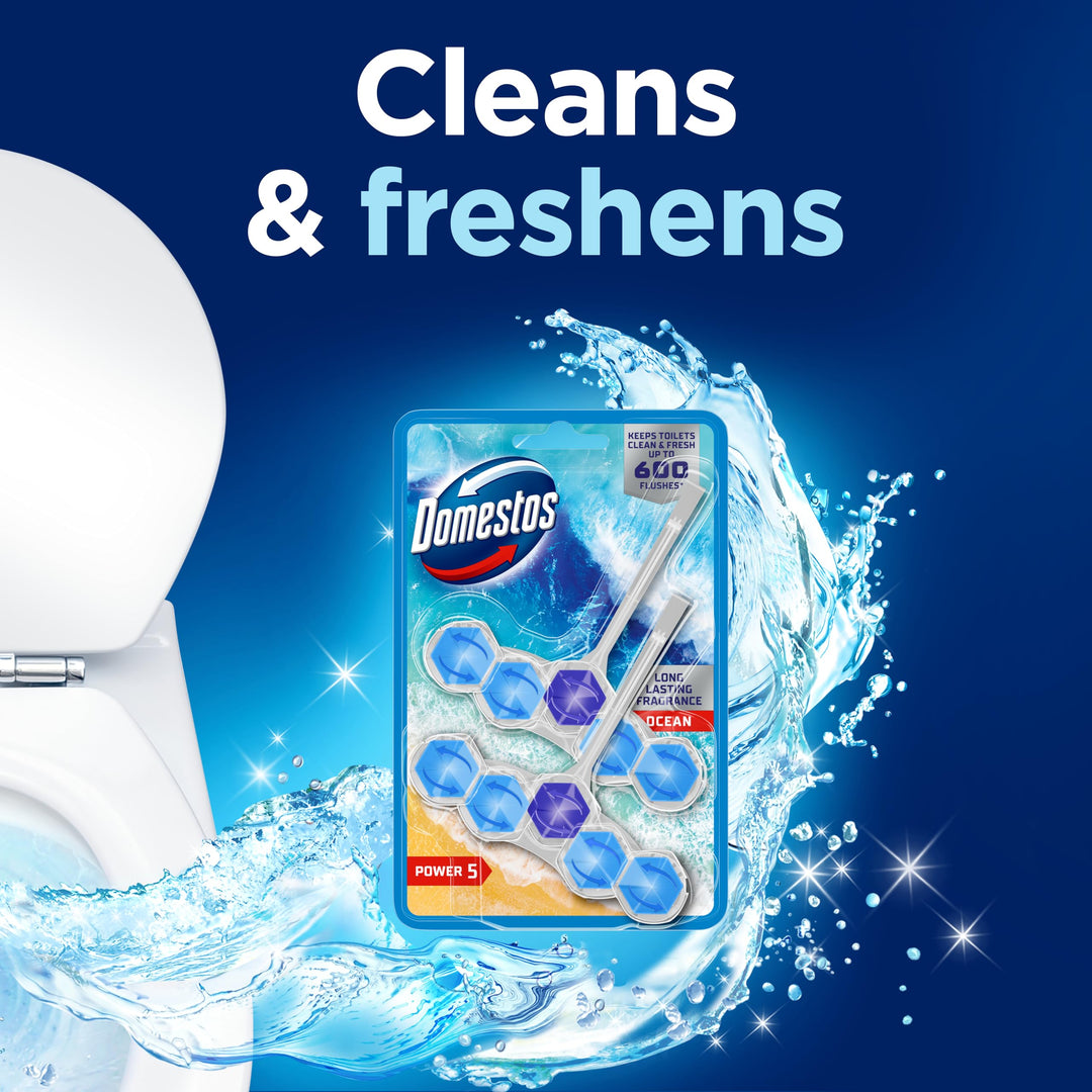 Domestos Power 5 Ocean Toilet Rim Blocks 2x 50 g - Long-Lasting Toilet Freshener with 5 Benefits