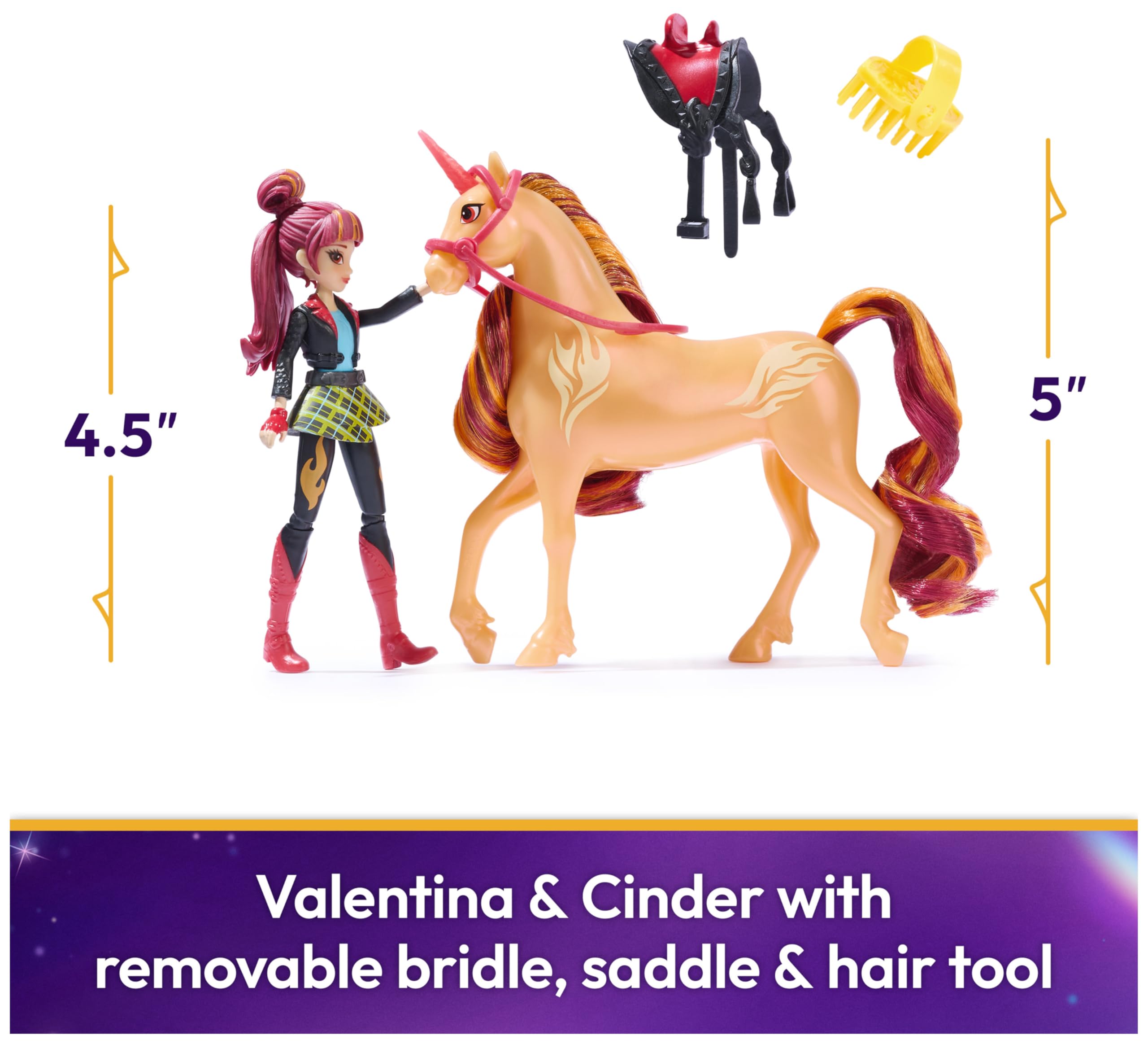 Unicorn Academy Valentina & Cinder Playset with 2 Riding Accessories and Hair Styling Tool | Ages 4+