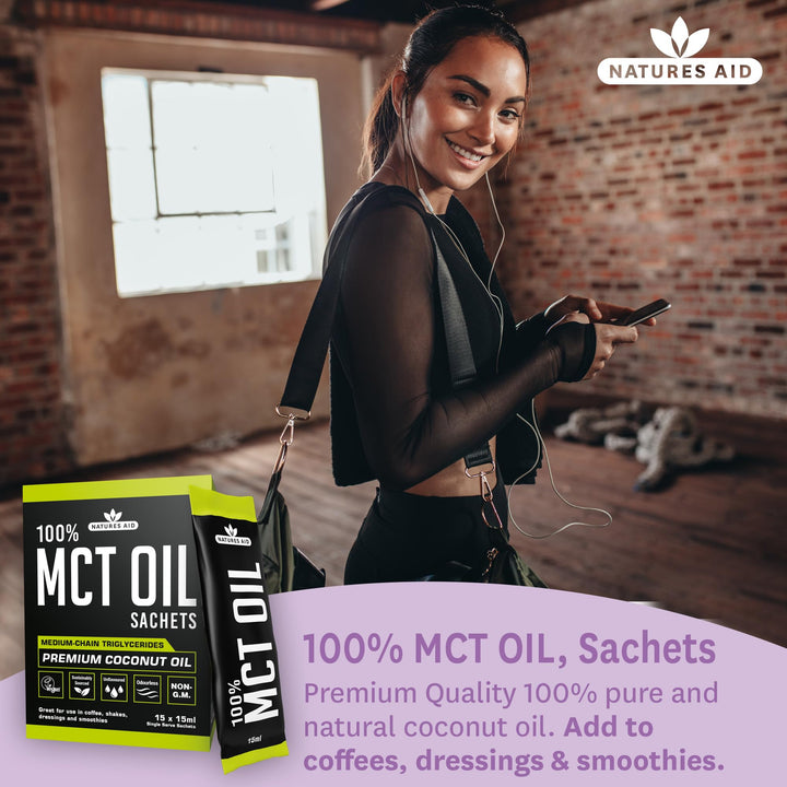 Natures Aid MCT Oil 15 x 15ml Sachets - 100% Pure Coconut Oil for Coffee, Smoothies, Shakes & Dressings - Vegan, Vegetarian, Sustainably Sourced