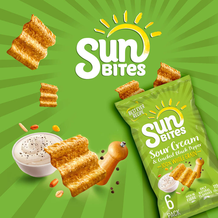Sunbites Sour Cream & Cracked Black Pepper Wholegrain Snacks, 6x25g Multipack