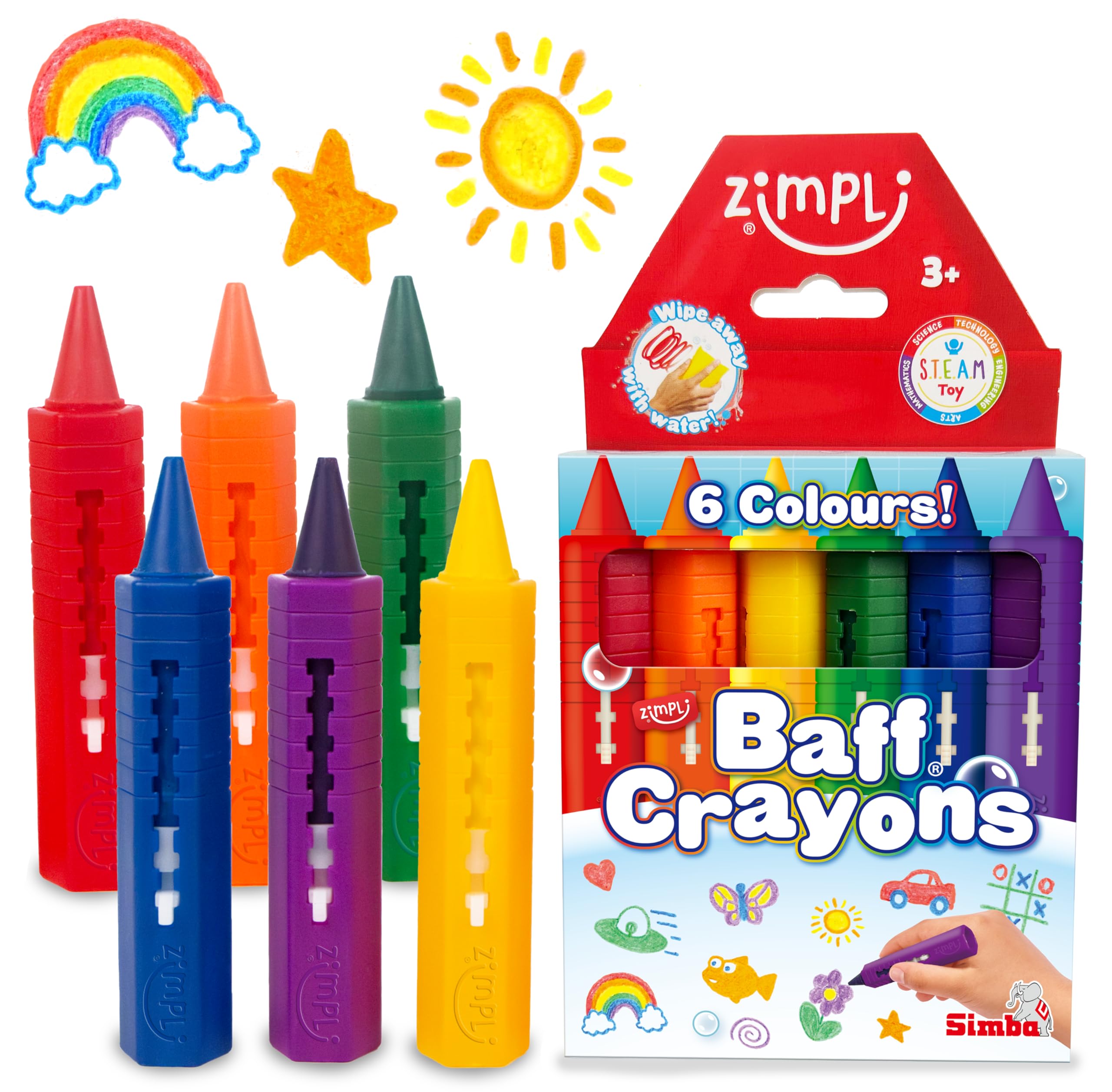 ZIMPLI Baff Crayons - 6 Large Washable Bath Crayons for Kids | Multicoloured 1