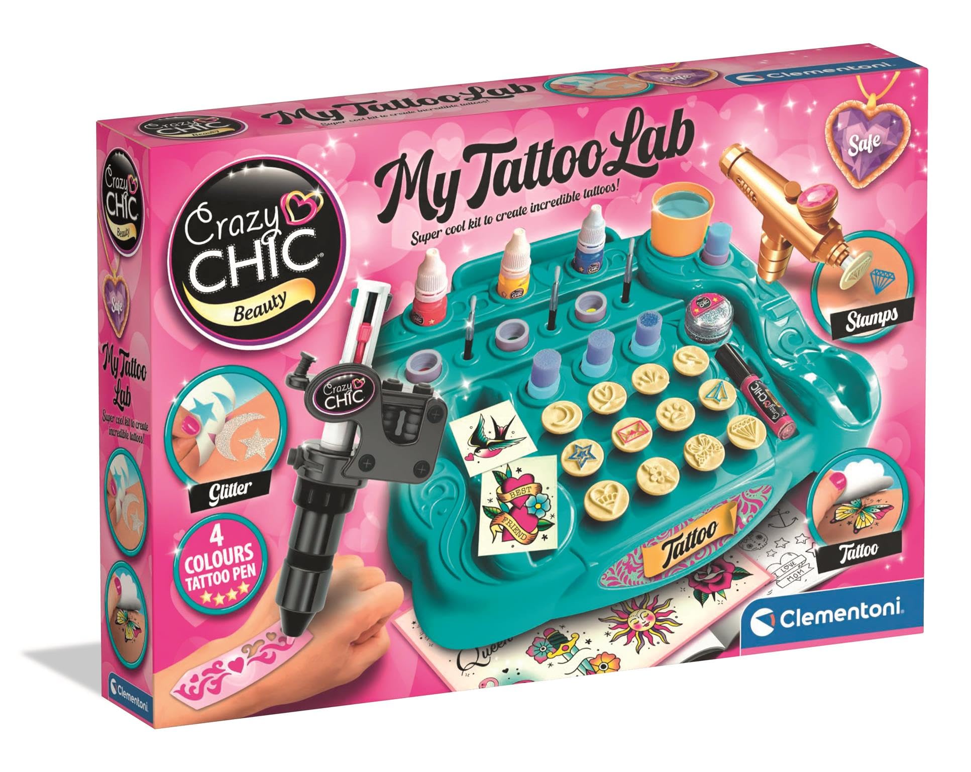 Clementoni Crazy Chic Studio Temporary Tattoo Kit for Kids with Stencils and Body Art Tools 1