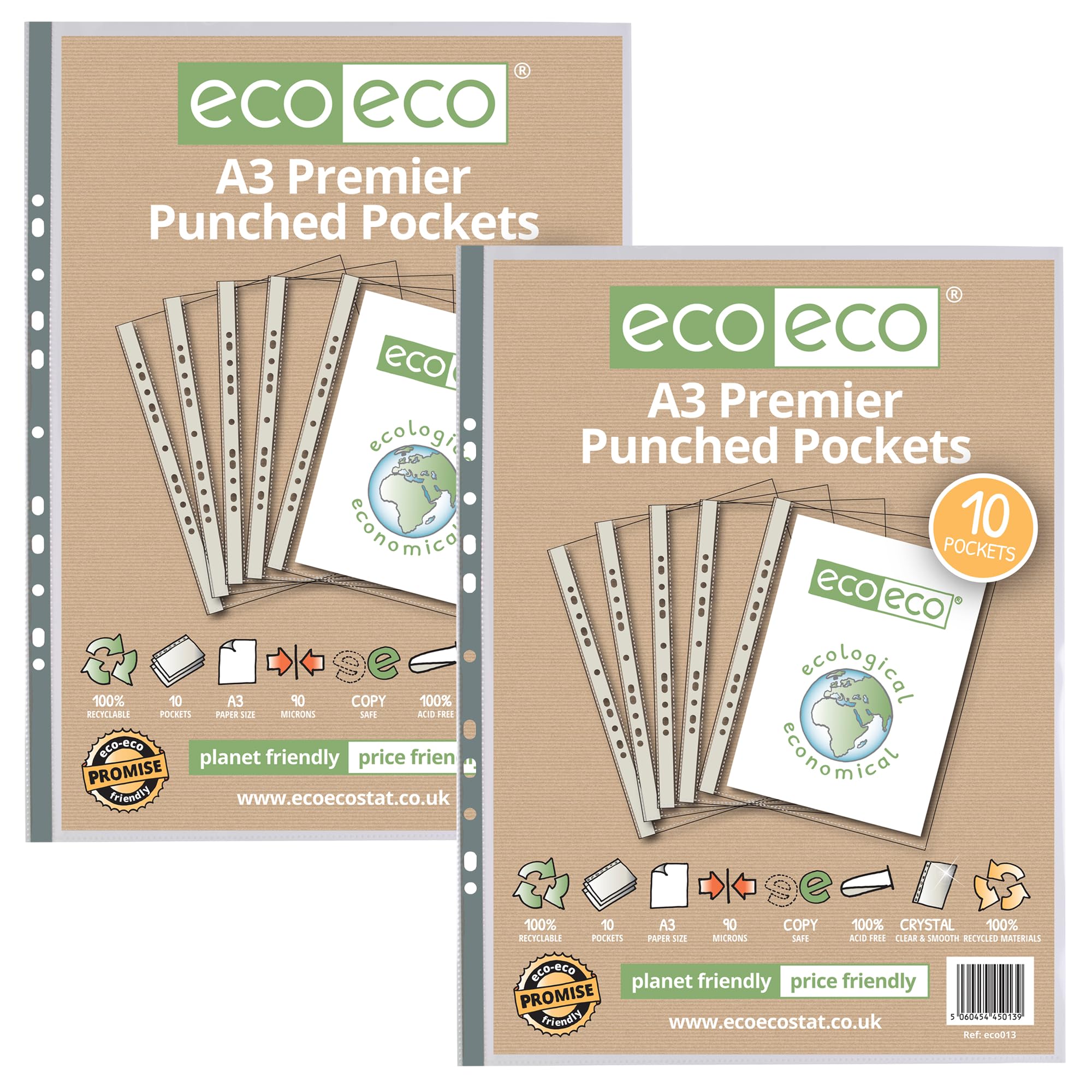 eco-eco Premier A3 Portrait Sheet Protectors - 100% Recycled, 90 Micron, 20 Pockets