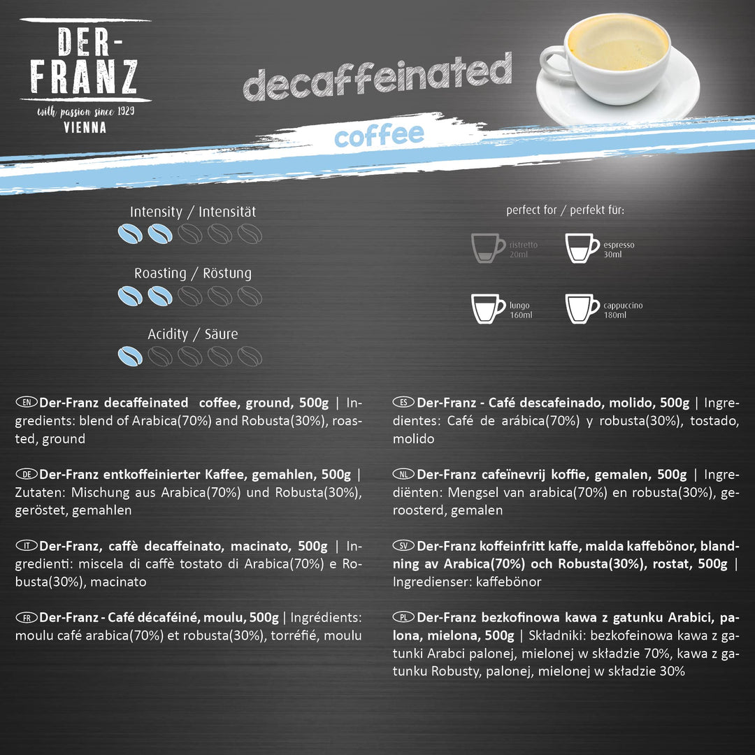 Der-Franz Decaffeinated Ground Coffee, 100% Arabica Blend, 2 x 500g