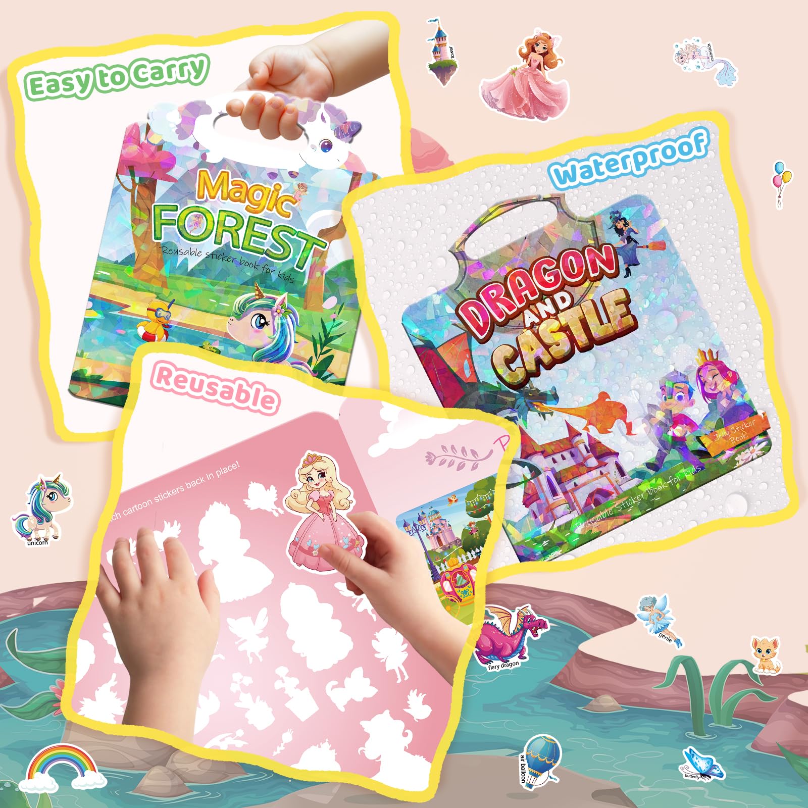 GUYUCOM Reusable Sticker Book Set - 4 Themes with 140+ Stickers for Kids 10