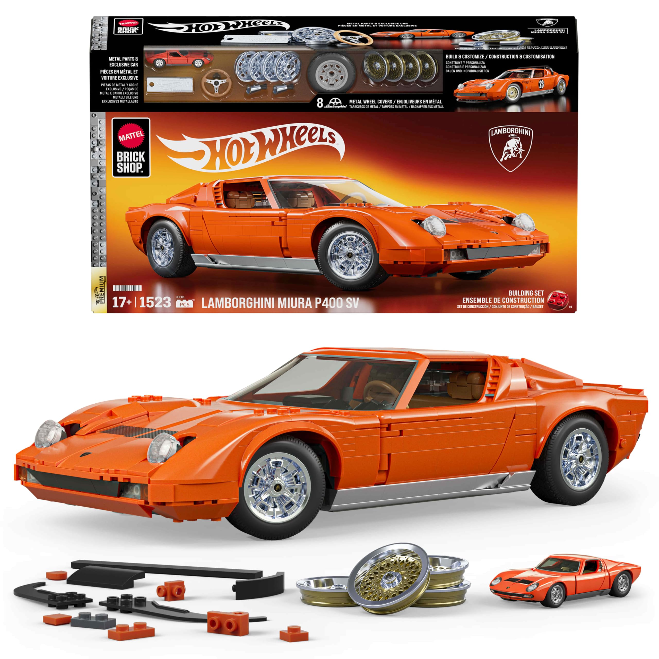 Mattel Brick Shop Hot Wheels Premium Series Building Set - 1:12 Lamborghini Miura P400 SV | Metal Parts | Custom Decals 1