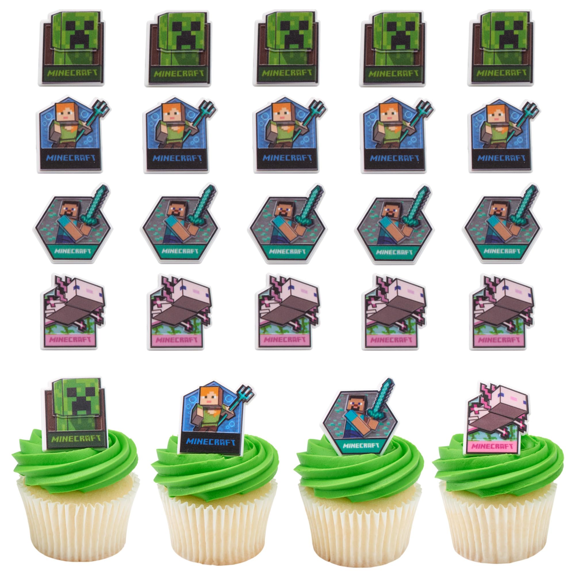 DecoPac Minecraft Lush Finds Cupcake Rings - 24 Pack | Food Safe Plastic | Reusable