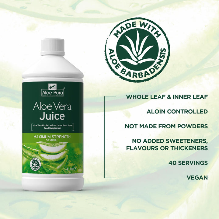Aloe Pura Aloe Vera Juice Max Strength 1L - Vegan, No Added Sweeteners