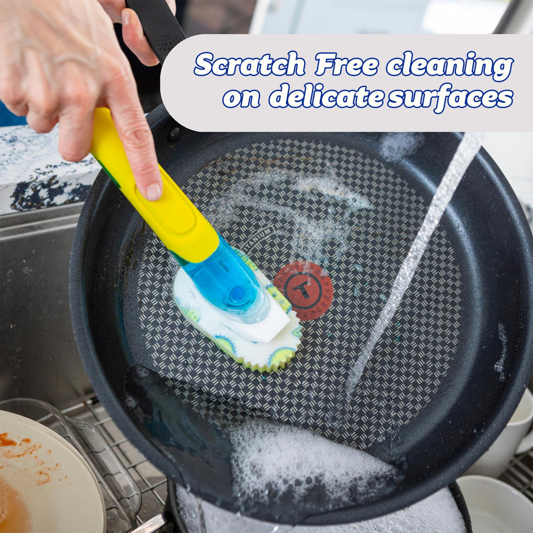 Scrub Daddy Dish Daddy Wand & Connector Head - Soap Dispensing Dish Brush with Texture-Changing Sponge, Built-in Scraper & Stand - Yellow