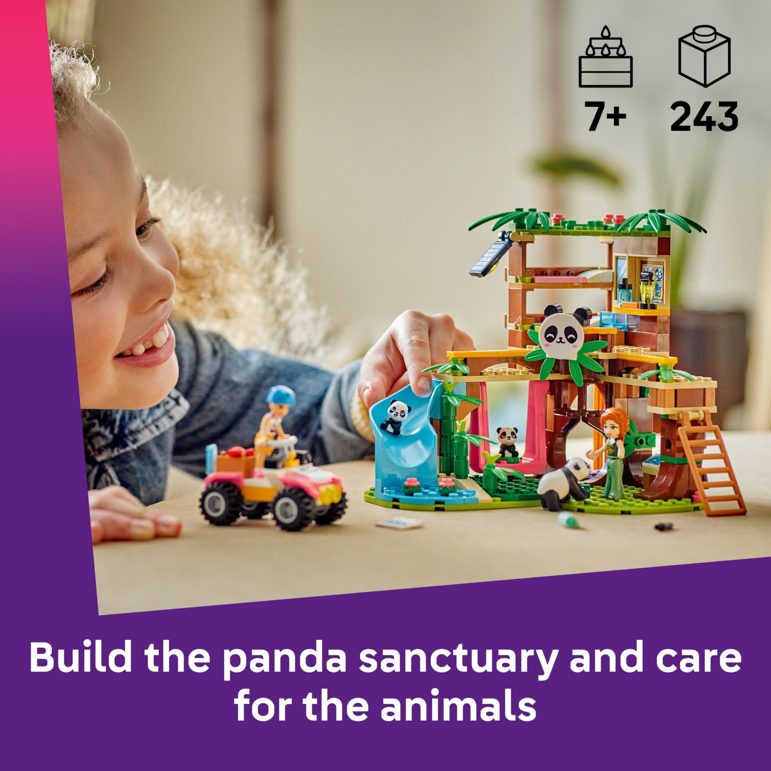 LEGO Friends Panda Sanctuary Animal Care Playset with Tree House, Quad Bike, 2 Mini Dolls & 3 Panda Figures - 243 Pieces