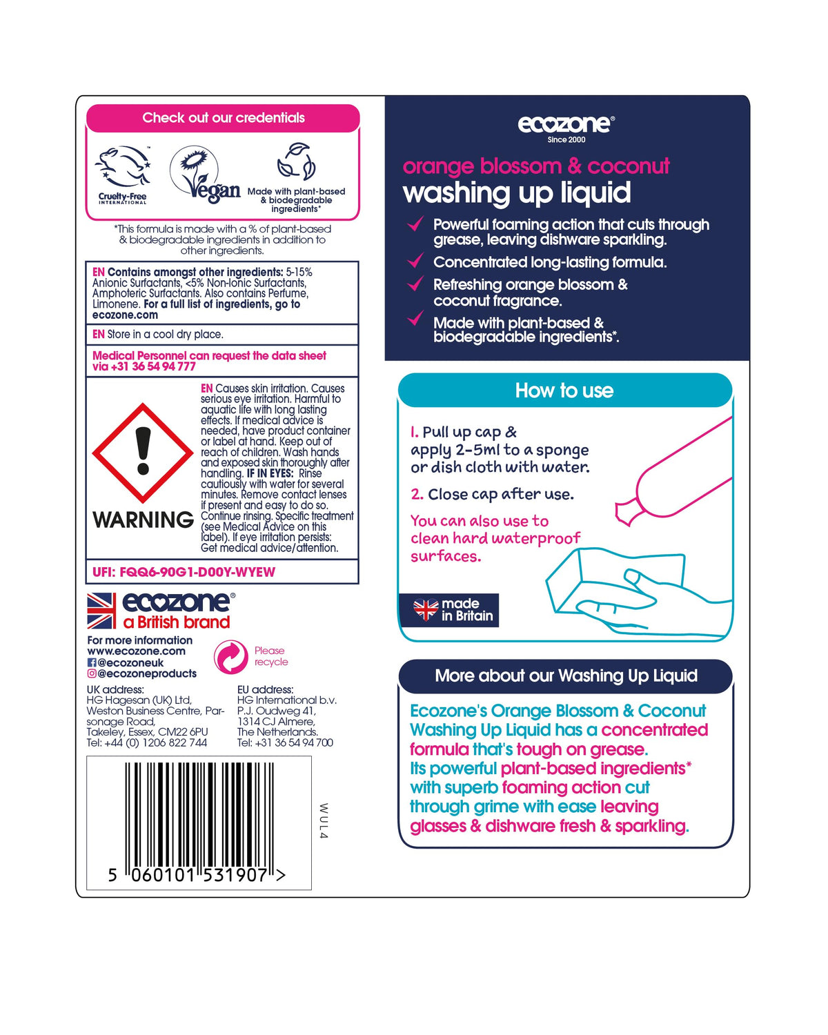 Ecozone Orange Blossom & Coconut Washing-Up Liquid - 500 ml, Pack of 2