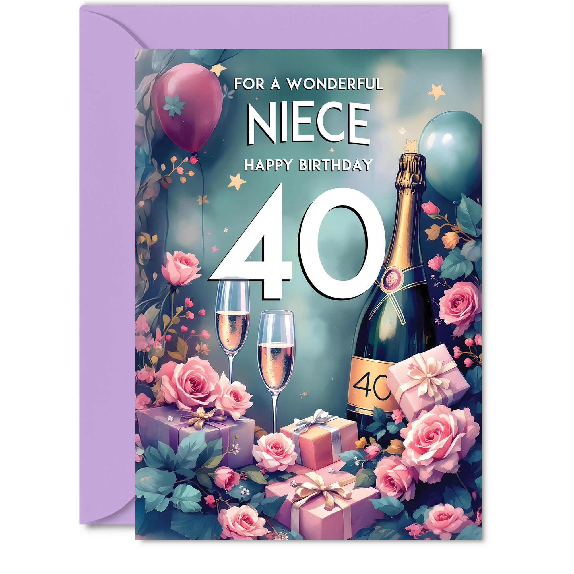 Giftzie 40th Birthday Card for Niece | 5x7 Inch Greeting Card with Envelope | Pink Presents & Champagne Design 1