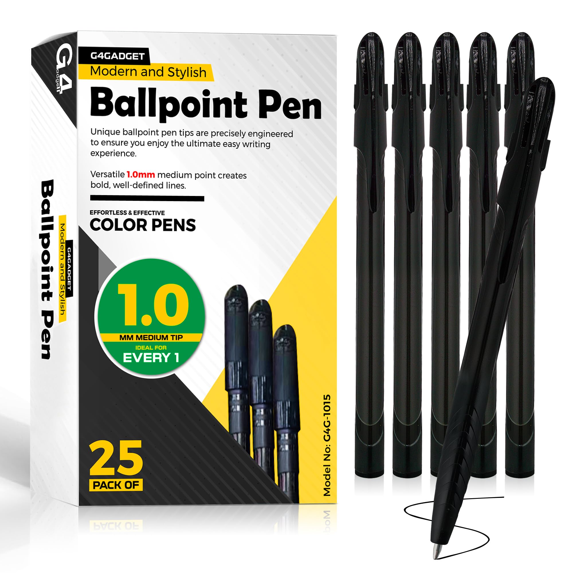 G4GADGET Ballpoint Pens - 25 Pack Black Ink, 1.0mm Medium Point, Quick-Dry | Smooth Writing