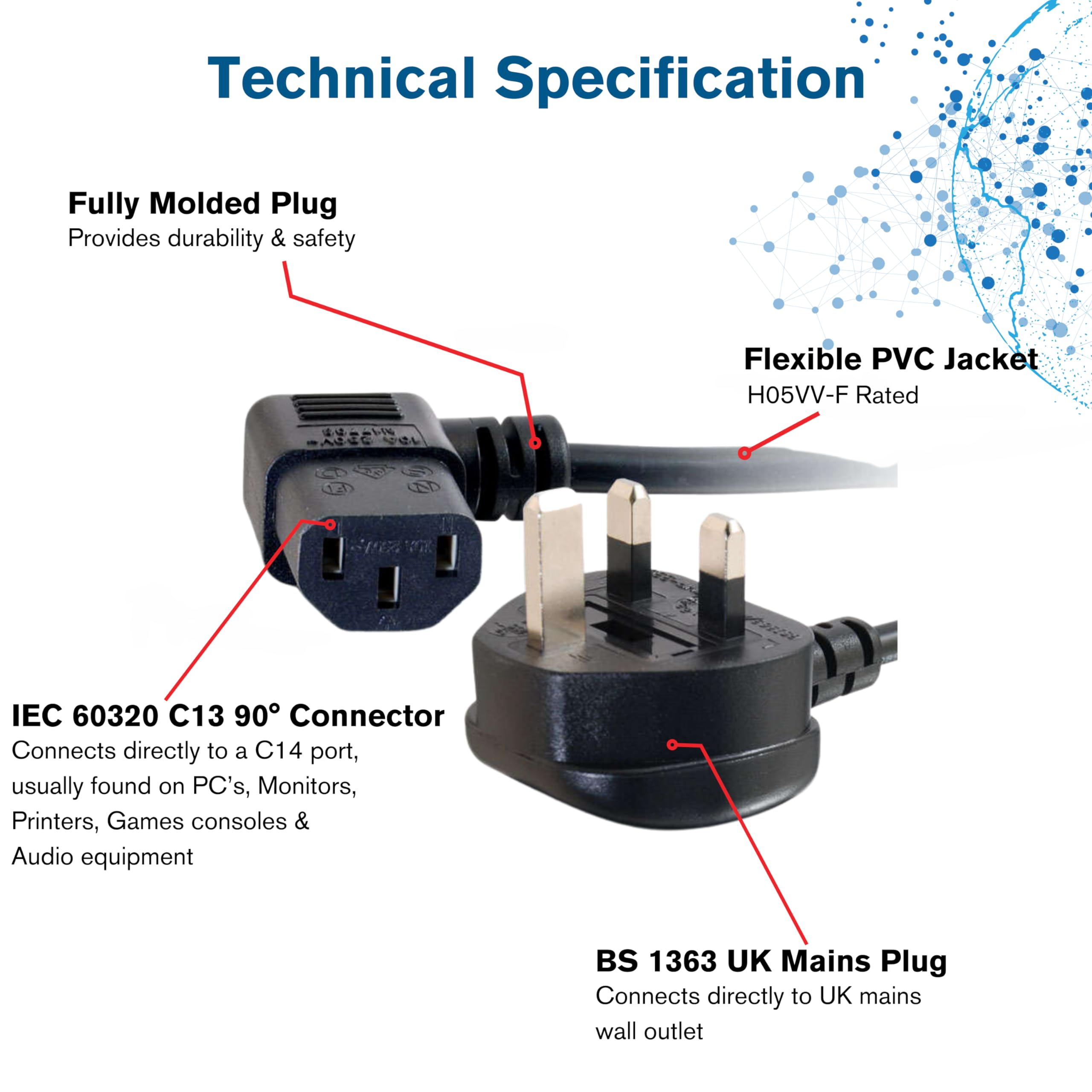 C2G 2 Meter 18 AWG 90-Grad-Stromkabel (IEC320C13R bis BS1363) rechtwinkliges Kesselkabel 10