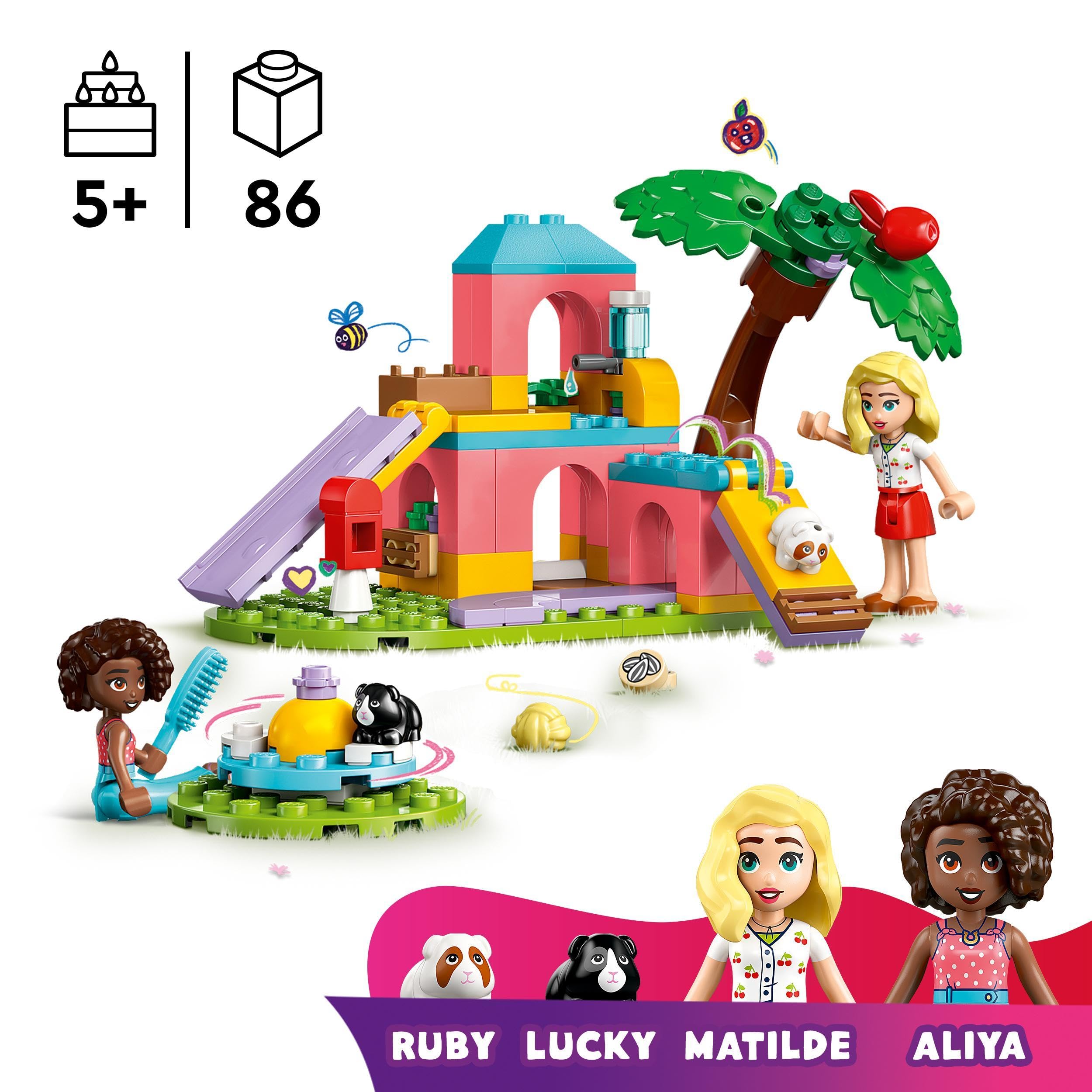 LEGO Friends Meerschweinchen-Spielplatzspielzeug – 2 Mini-Puppen, 2 Meerschweinchenfiguren, 86-teiliges Bauset für Kinder ab 5 Jahren
