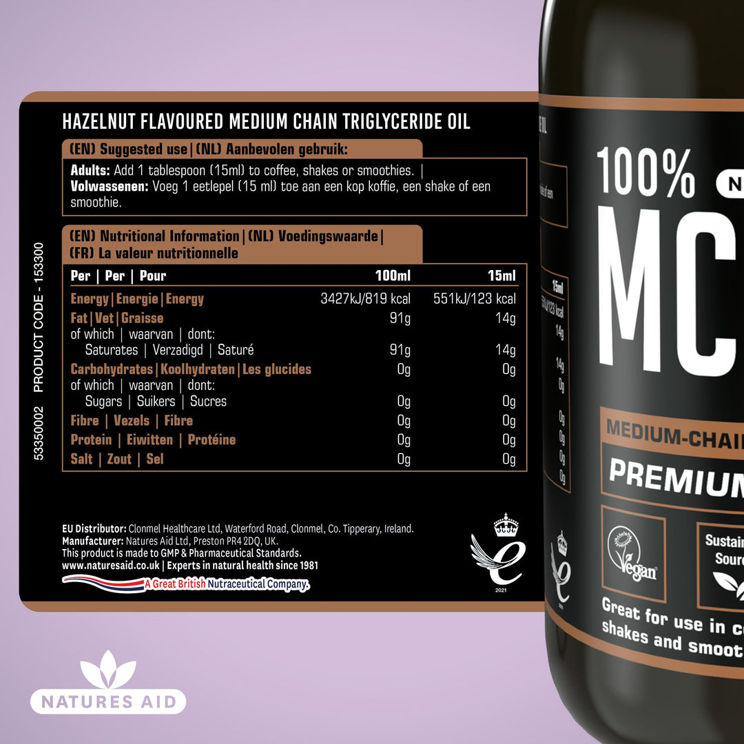 Natures Aid MCT Oil 500ml Hazelnut Flavour - Vegan, Sustainably Sourced from Coconut Oil for Coffee, Smoothies & Dressings