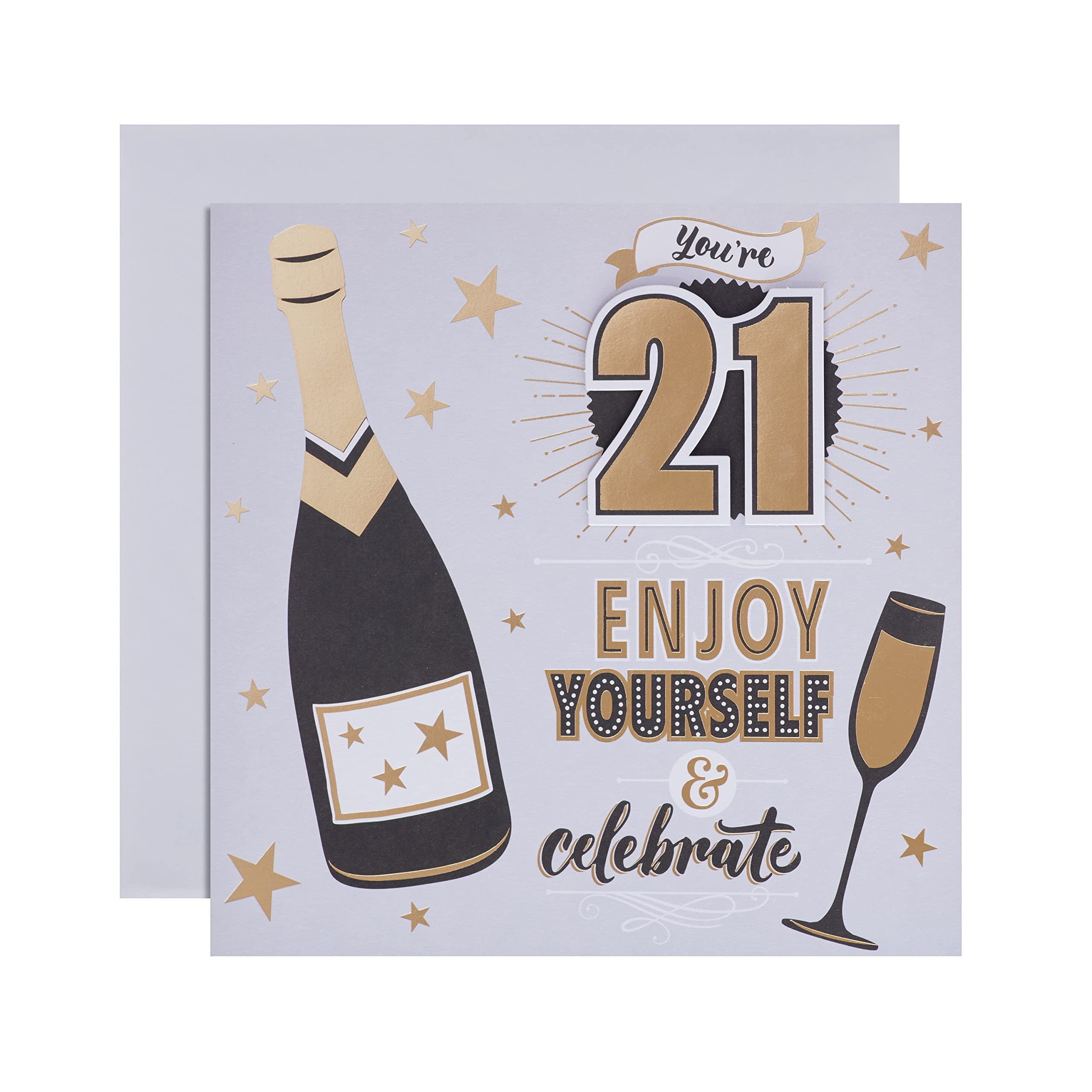 Hallmark 21st Birthday Card - Contemporary Illustrated Champagne Design | Gold Foil | 3D Add-On