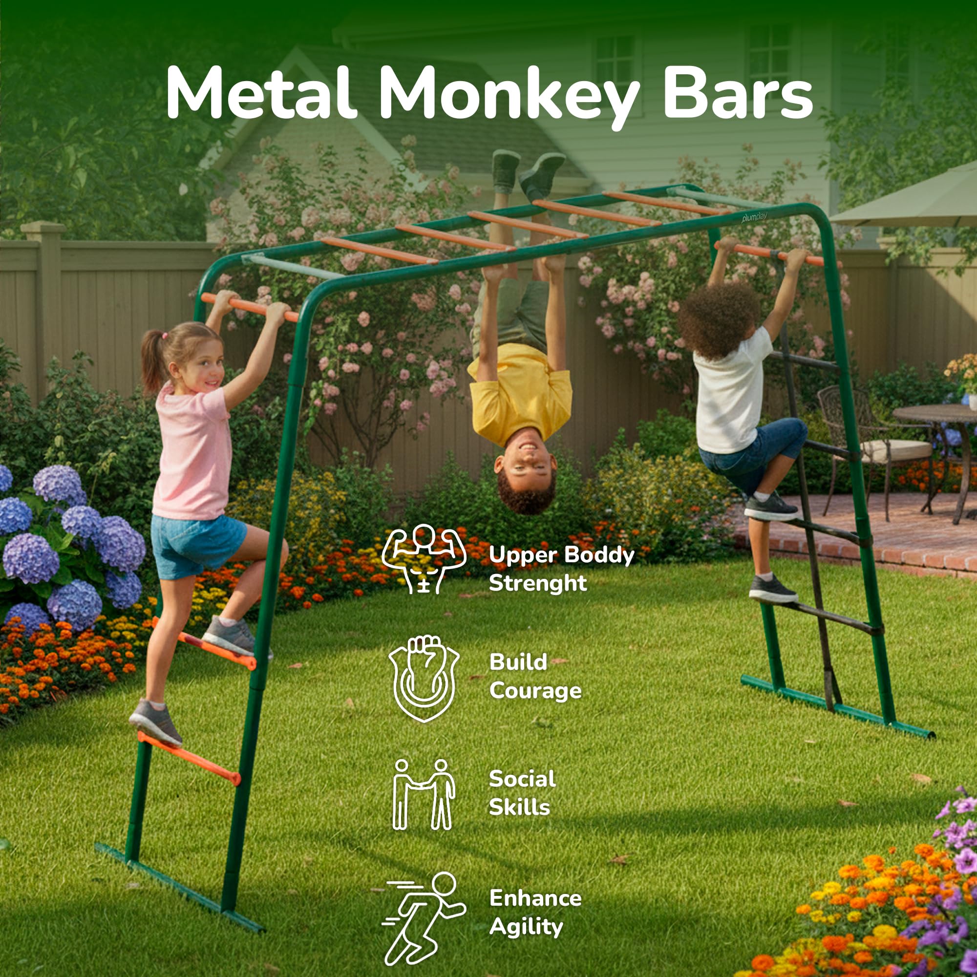 Plum Metal Monkey Bars Climbing Frame with Cargo Net | Forest Green | Ages 3+ 7