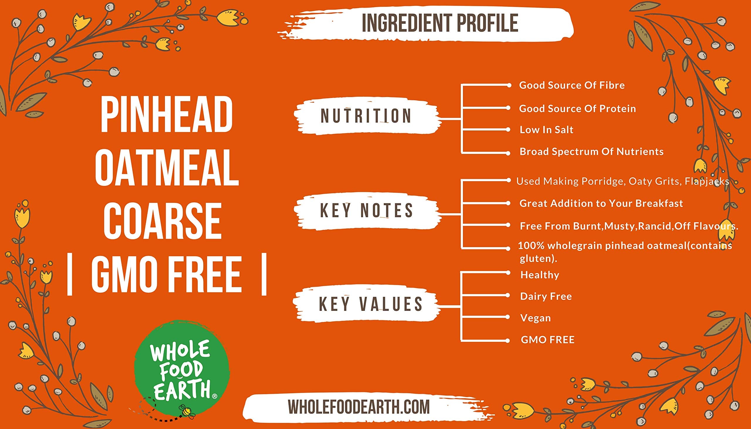 Wholefood Earth Pinhead Oatmeal Coarse Stabilised 1 kg | GMO Free | High Fibre 5