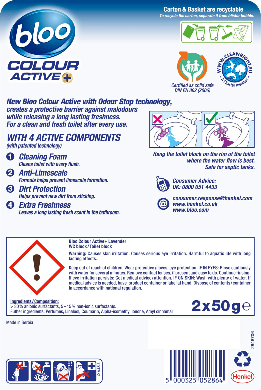 Bloo Colour Active Toilet Rim Block - Lavender Scent, Anti-Limescale, Odour-Stop Technology, 240 Flushes